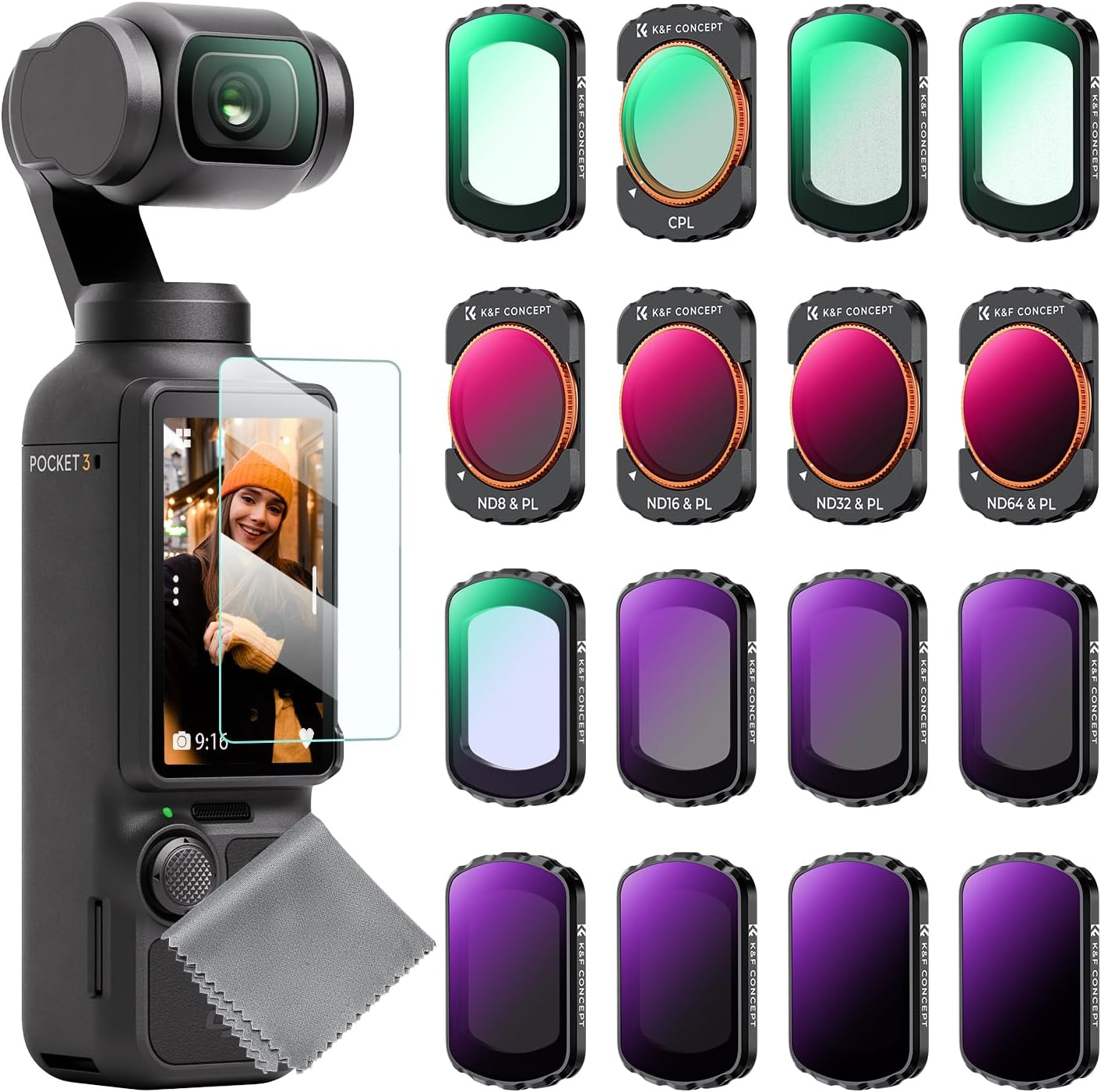 K&F Concept ND, ND/PL, Effect Filter for DJI Osmo Pocket 3, 16Pack Black Diffusi...