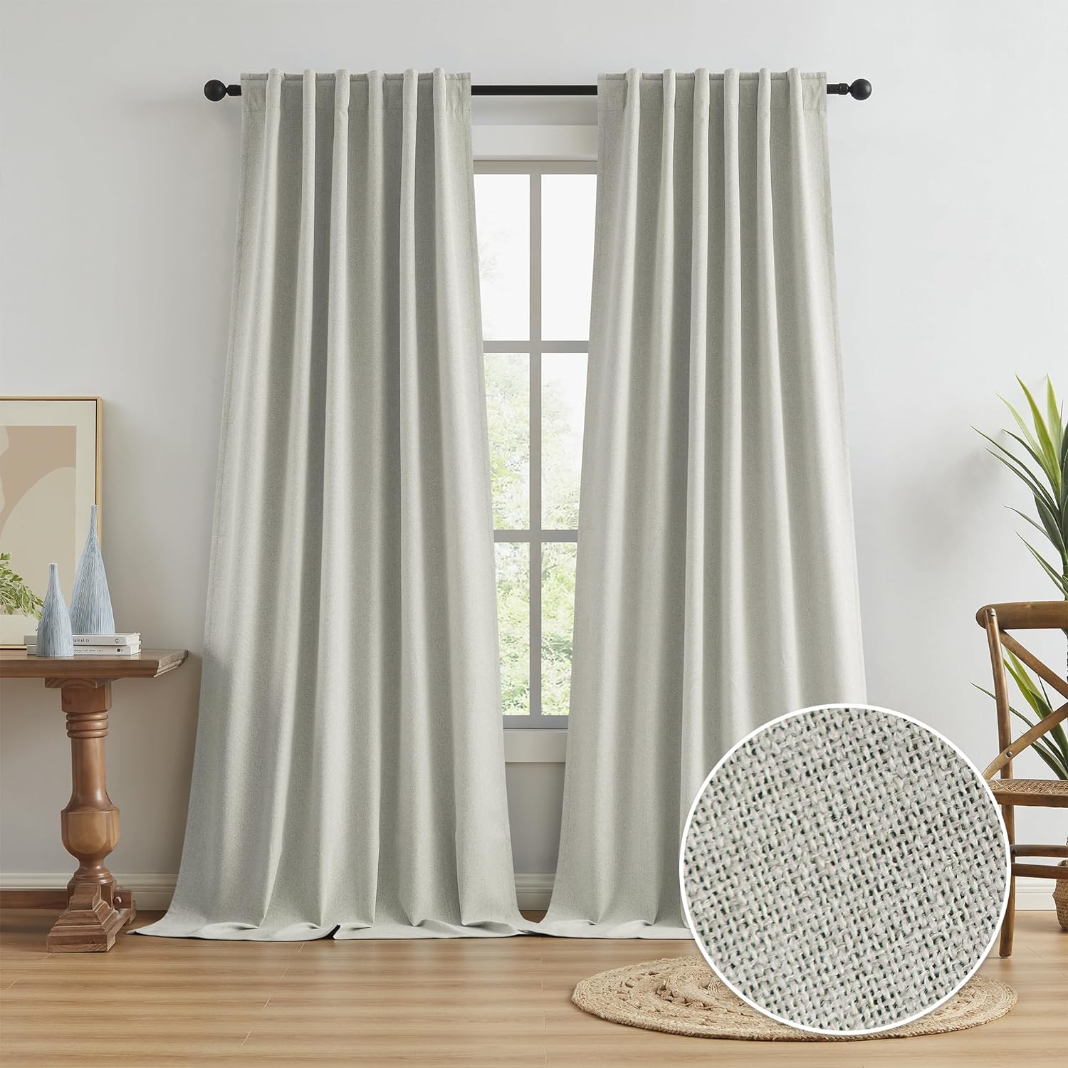 KEQIAOSUOCAI Linen Blackout Curtains 102 Inches Long, Energy Saving Back Tab Loo...