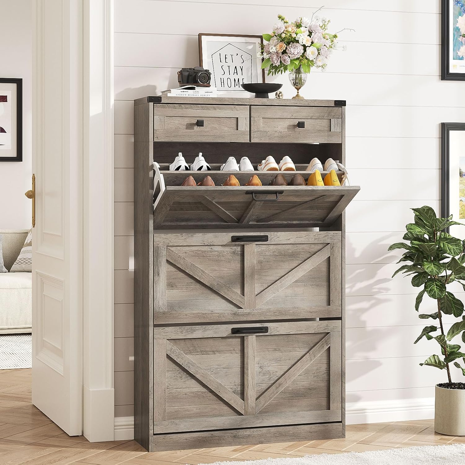 Shoe Cabinet with 3 Flip Drawers & 2 Drawers,Shoe Storage Cabinet for Entryway,F...