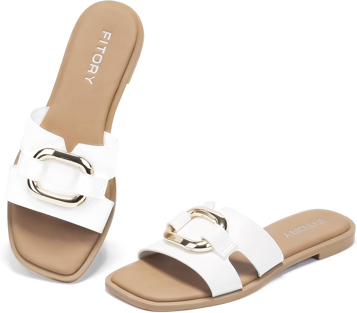 FITORY Women's Flat Sandals Fashion Square Open Toe Slides With Metal Chain Slip...