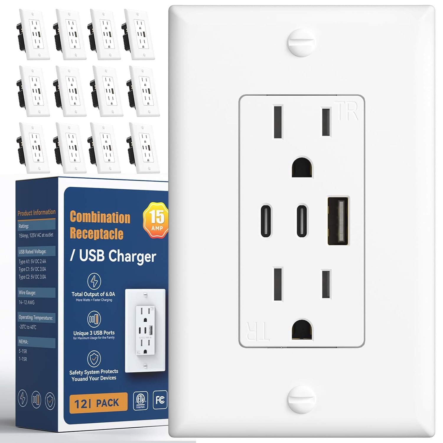 Amico 6.0A USB Outlet 12 Pack, 3-Port 30W Wall Outlets with 2 Type C & 1 Type A,...