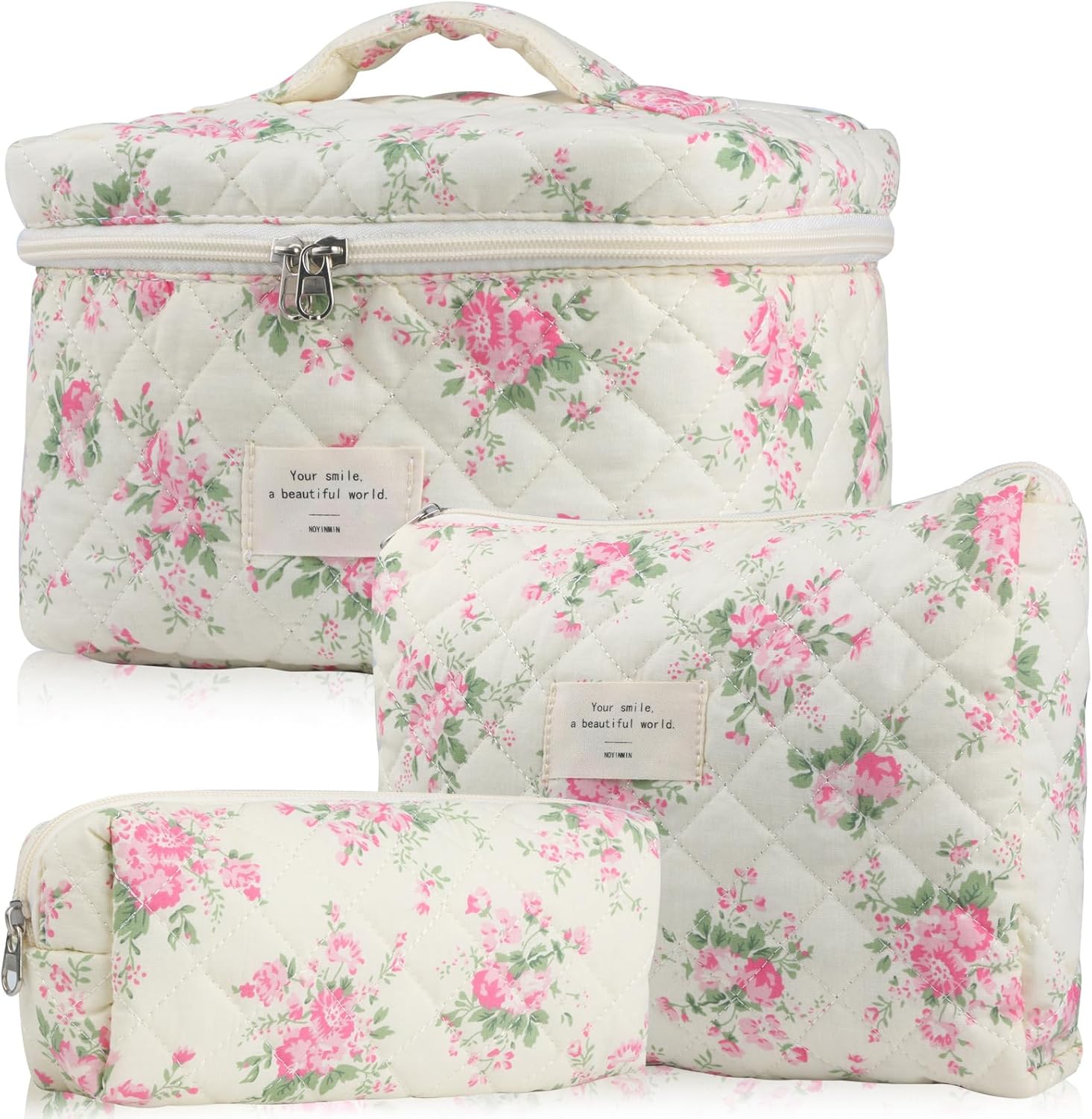 Cute Makeup Bag for Women(2 Pcs), Travel Cosmetic Bags, Quilted Coquette Aesthet...