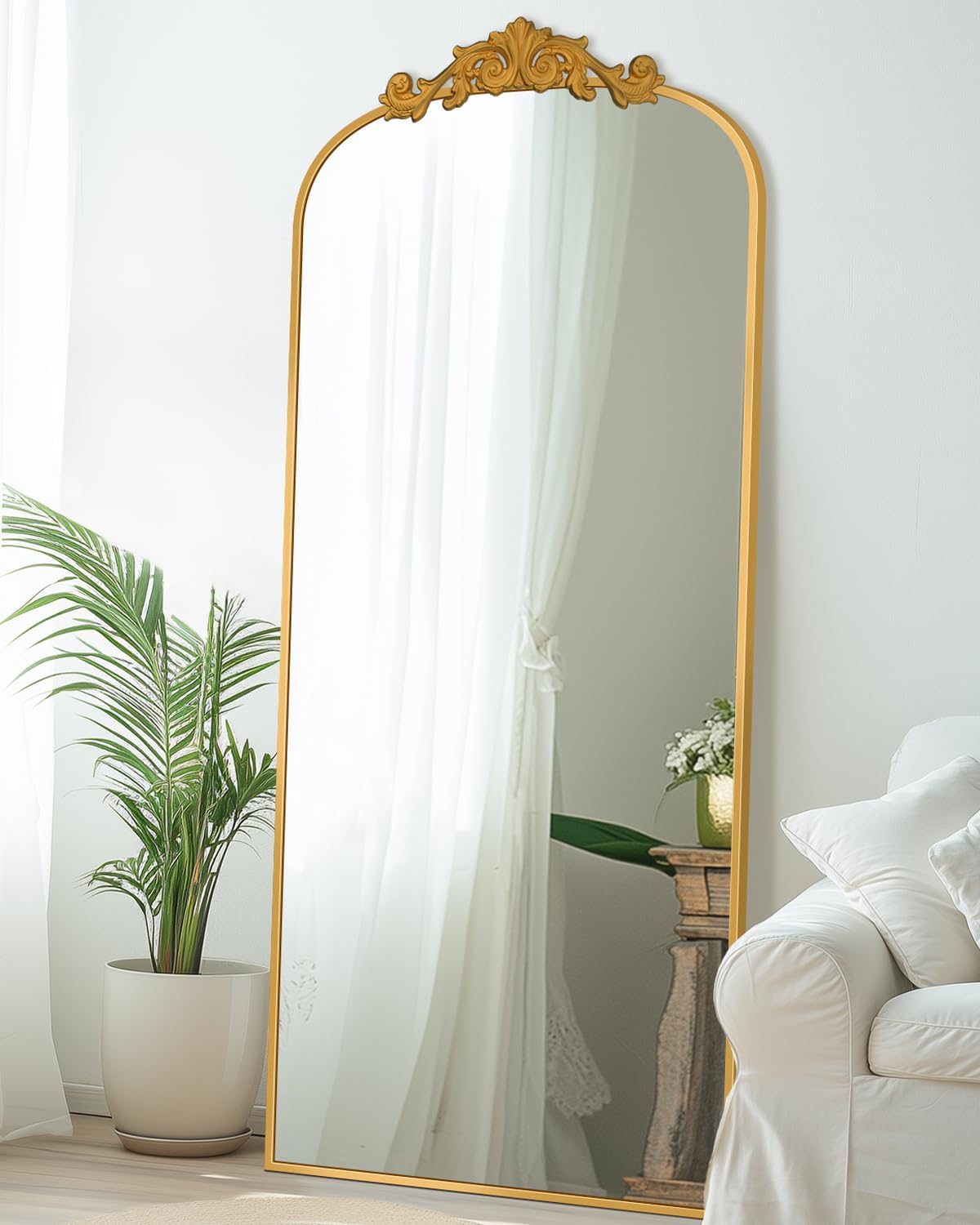 Arched Full Length Mirror, 65"x24" Floor Mirror Freestanding with Carved Metal F...