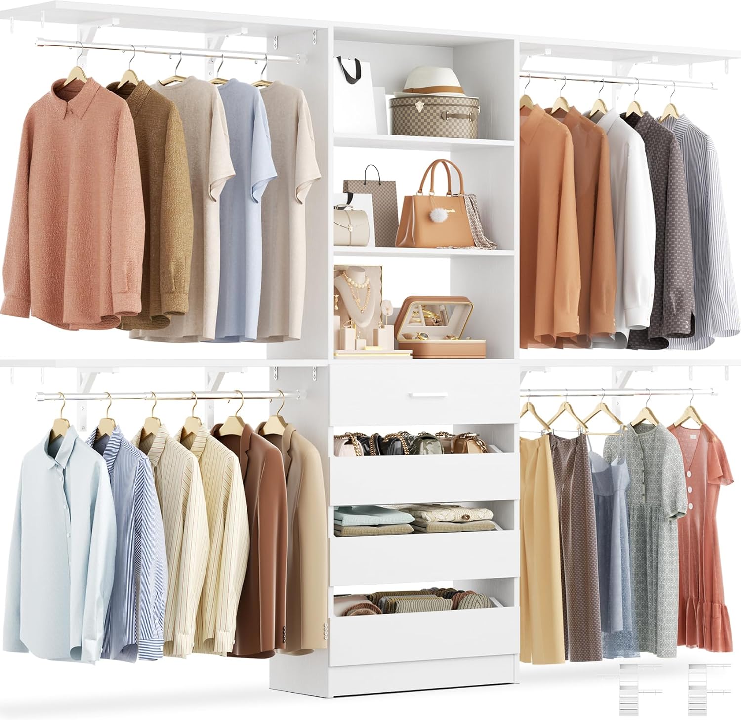 Aheaplus Closet System with 4 Drawers, 8FT Wood Closet Organizer System, 96’’ Cl...