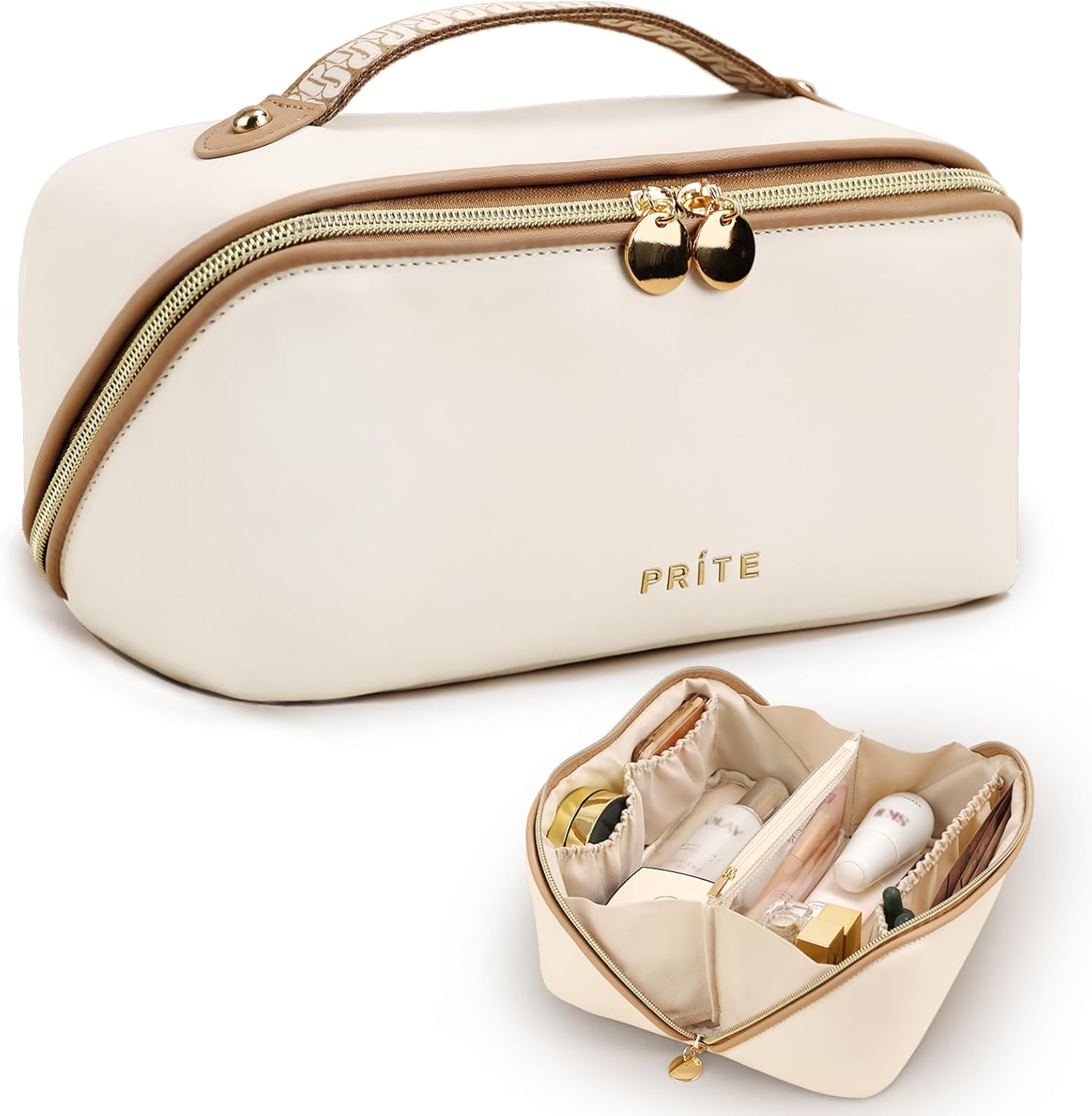 Prite Large Capacity Cosmetic Bag for Women Portable Waterproof PU Leather Makeu...