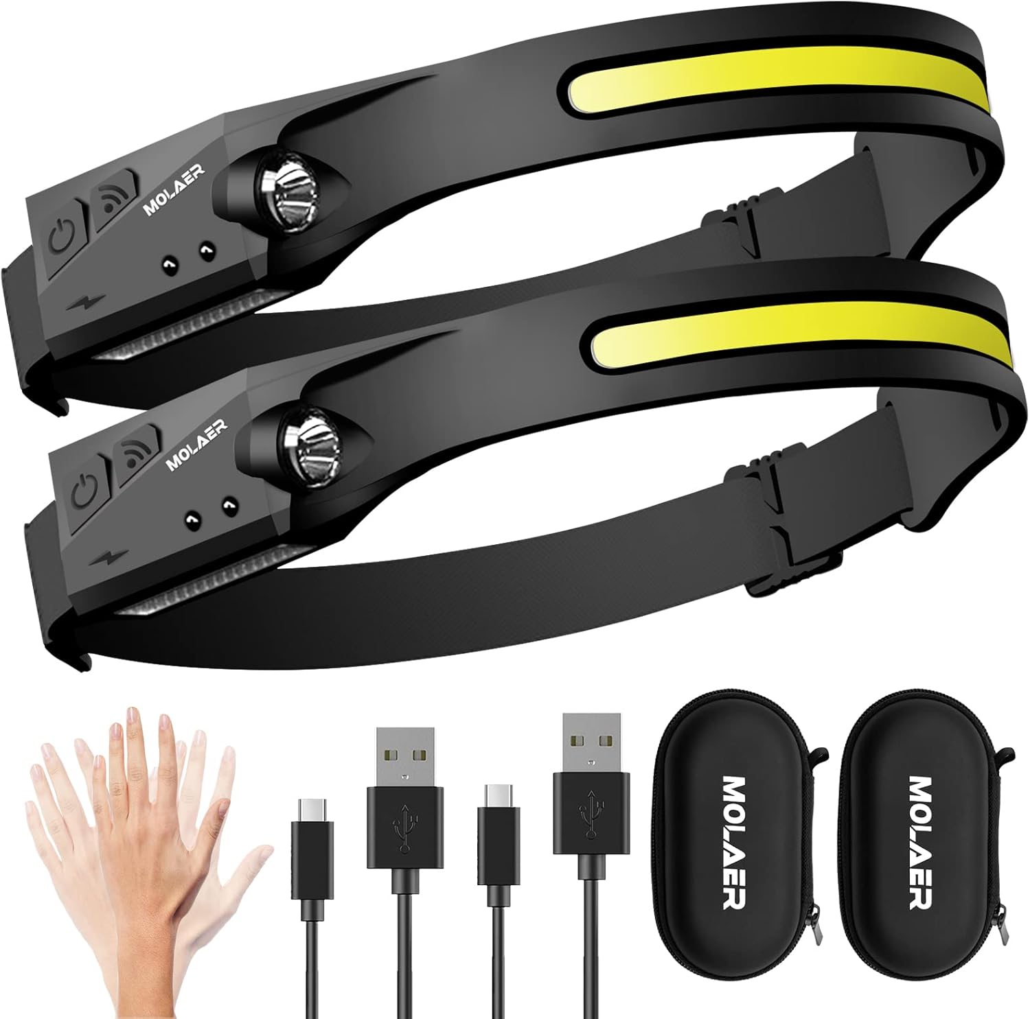 LED Headlamp Rechargeable Flashlight, 2-Pack 230° Wide Beam Headlight with Motio...