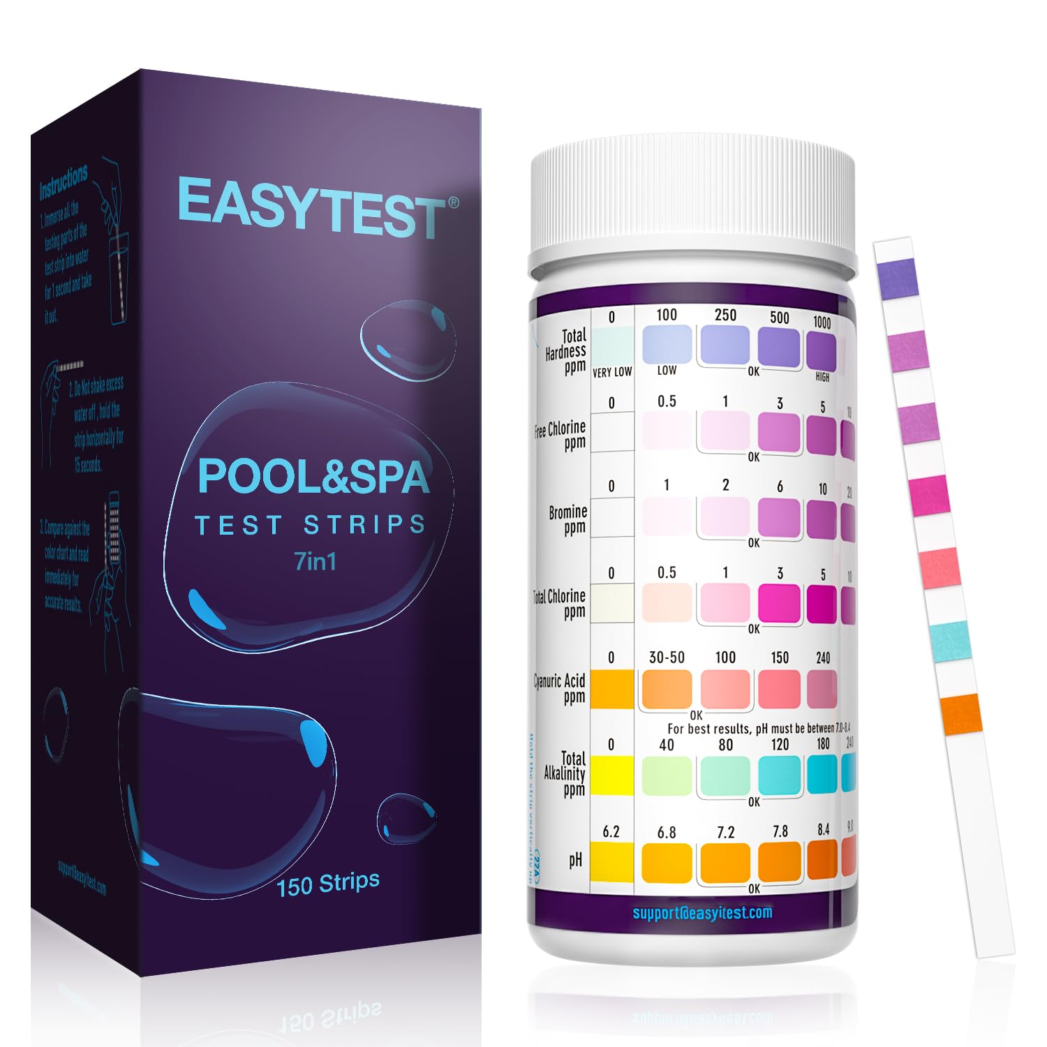EASYTEST 7-Way Pool Test Strips, 150 Strips Water Chemical Testing for Hot tub a...