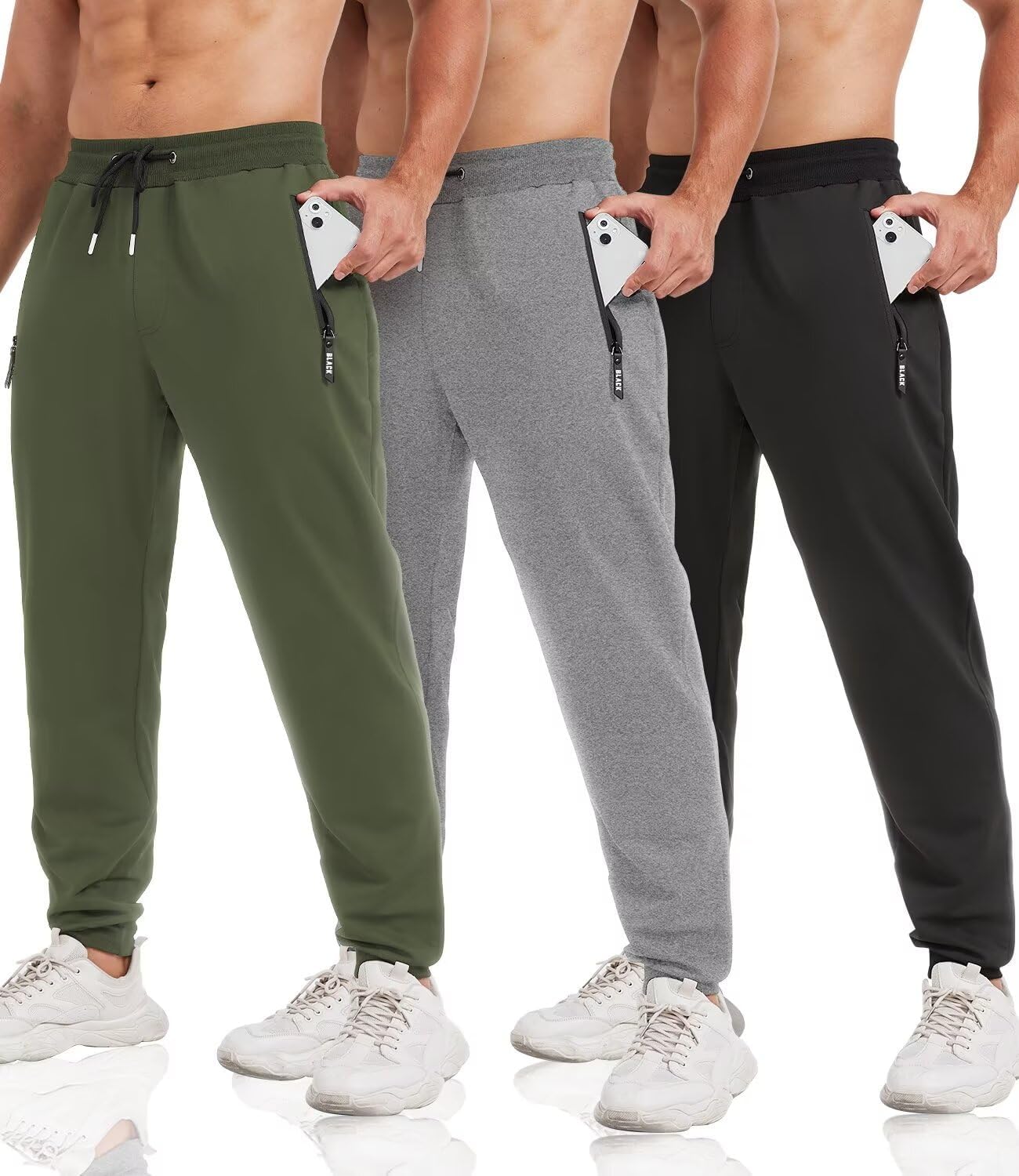 3 Pack Sweatpants for Men Tapered Mens Joggers Pants with Zip Pockets Fleece Sli...