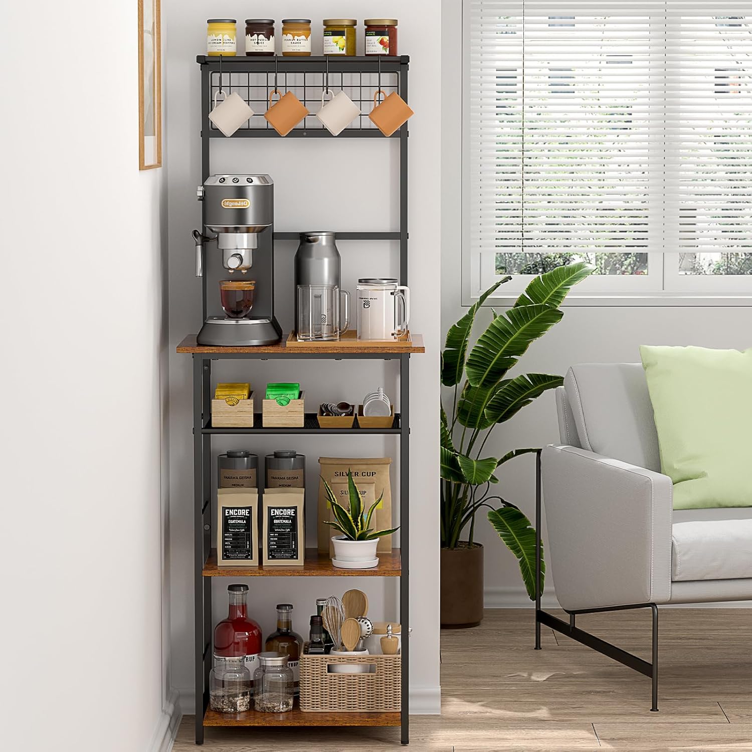 5 Tier Coffee Bar Station, Coffee Stand Station with 4 S-Shaped Hooks, Farmhouse...