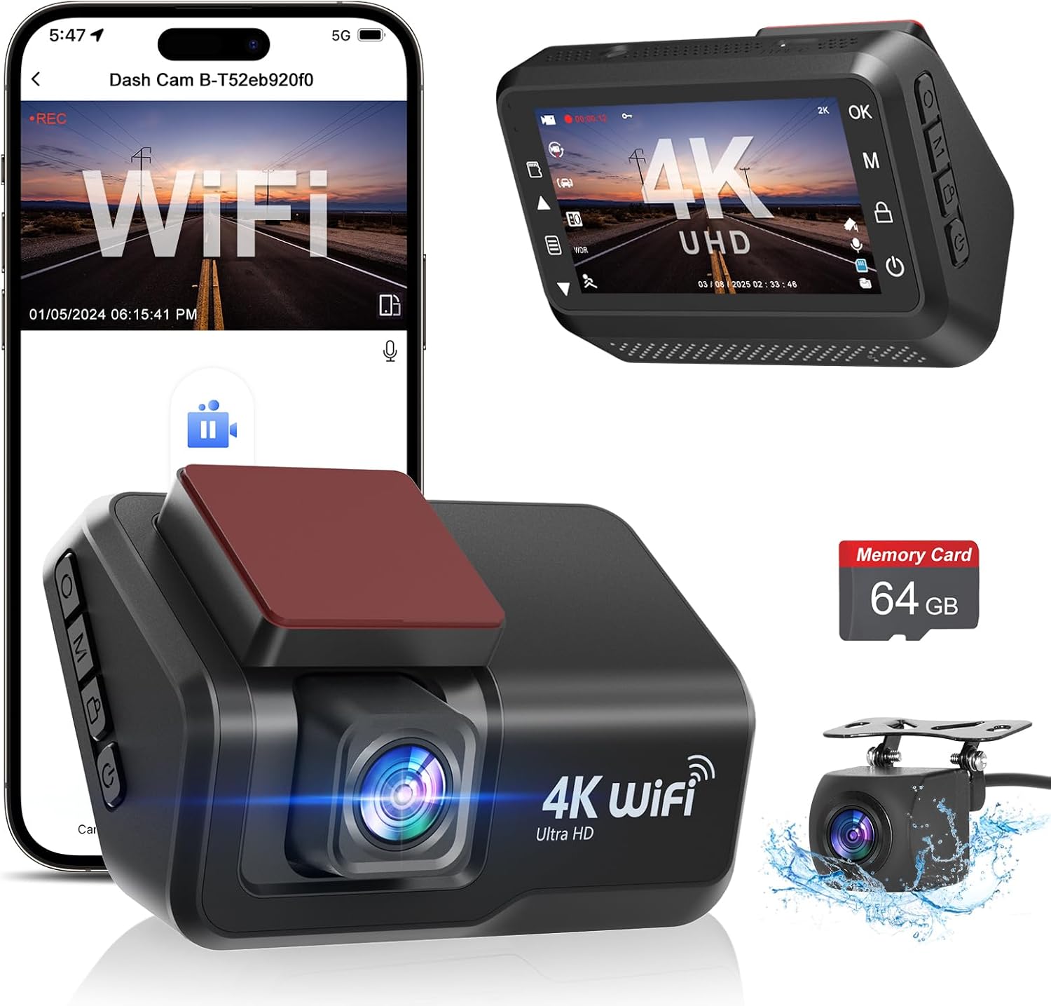 Dash Cam Front and Rear Camera, 4k+1080P WiFi Dual Dash Cam with APP, 3’’ IPS Da...