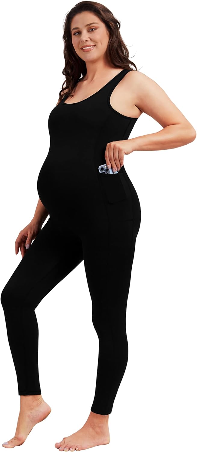 Angelhood Women's Maternity Bodysuit Leggings Pregnancy Jumpsuit Sleeveless Shap...