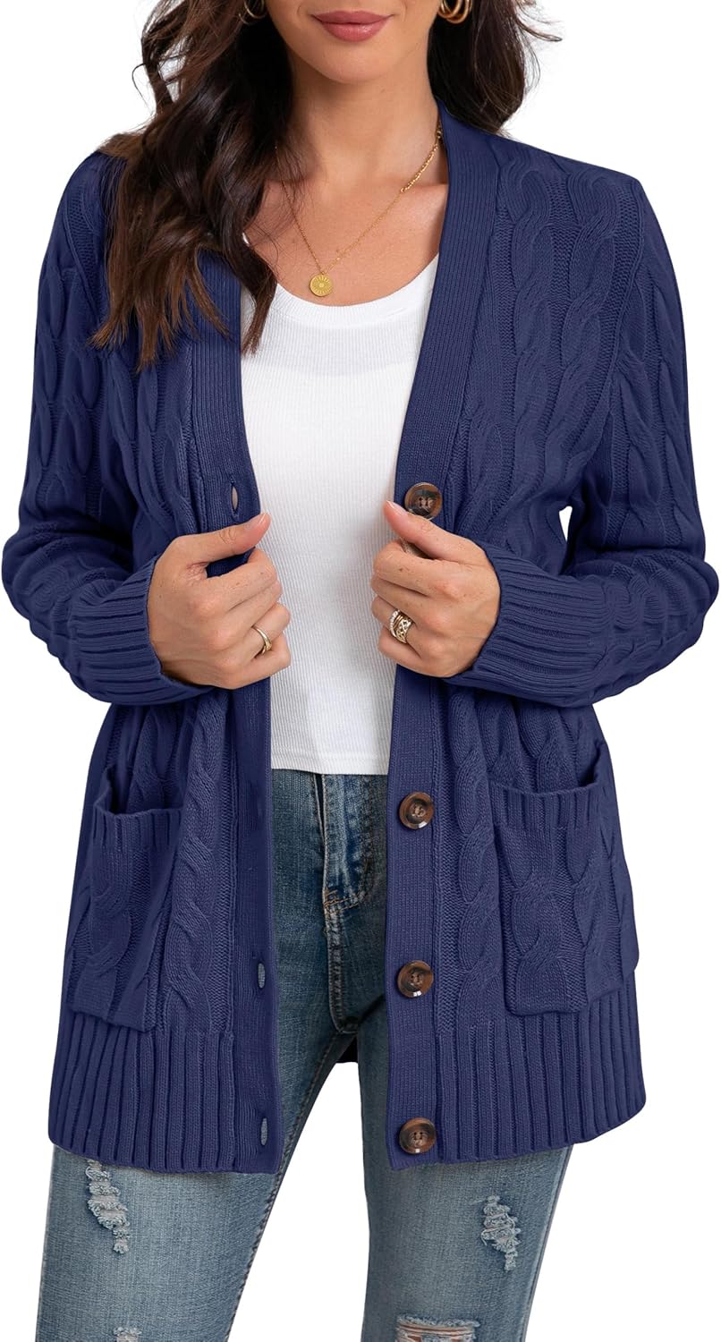 GRECERELLE Women's Long Sleeve Loose Knit Cable Open Front Button Down Cardigan...