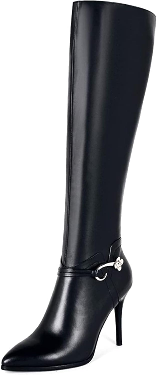 COLETER Women's Leather Knee High Boots Pointy Toe Side-Zip High Heels Dress Boo...