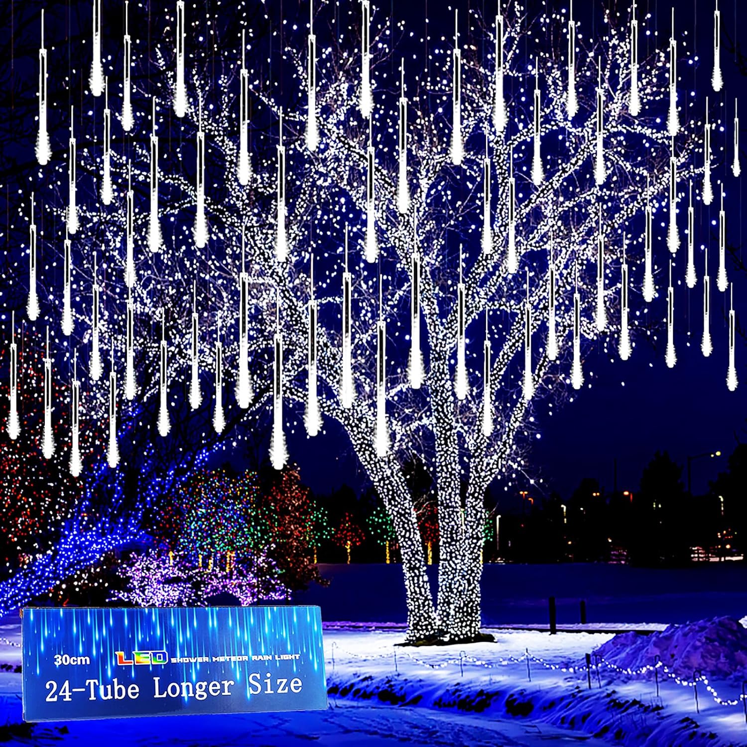Kwaiffeo Christmas Lights Outdoor, 24 Tubes(Equivalent to 3 Sets of 8-Tubes) Met...
