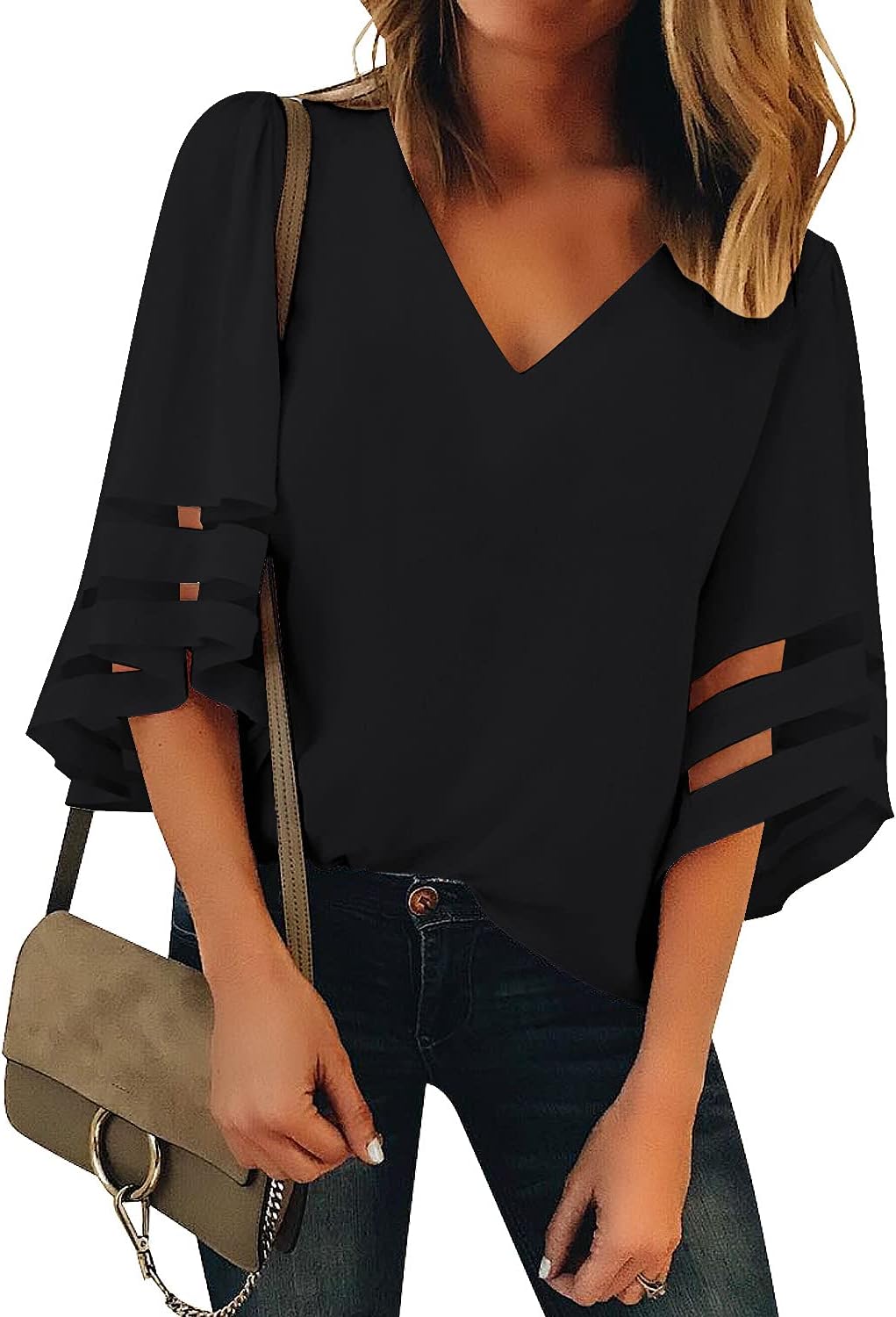LookbookStore Women's V Neck Mesh Panel Blouse 3/4 Bell Sleeve Loose Top Shirt 3...