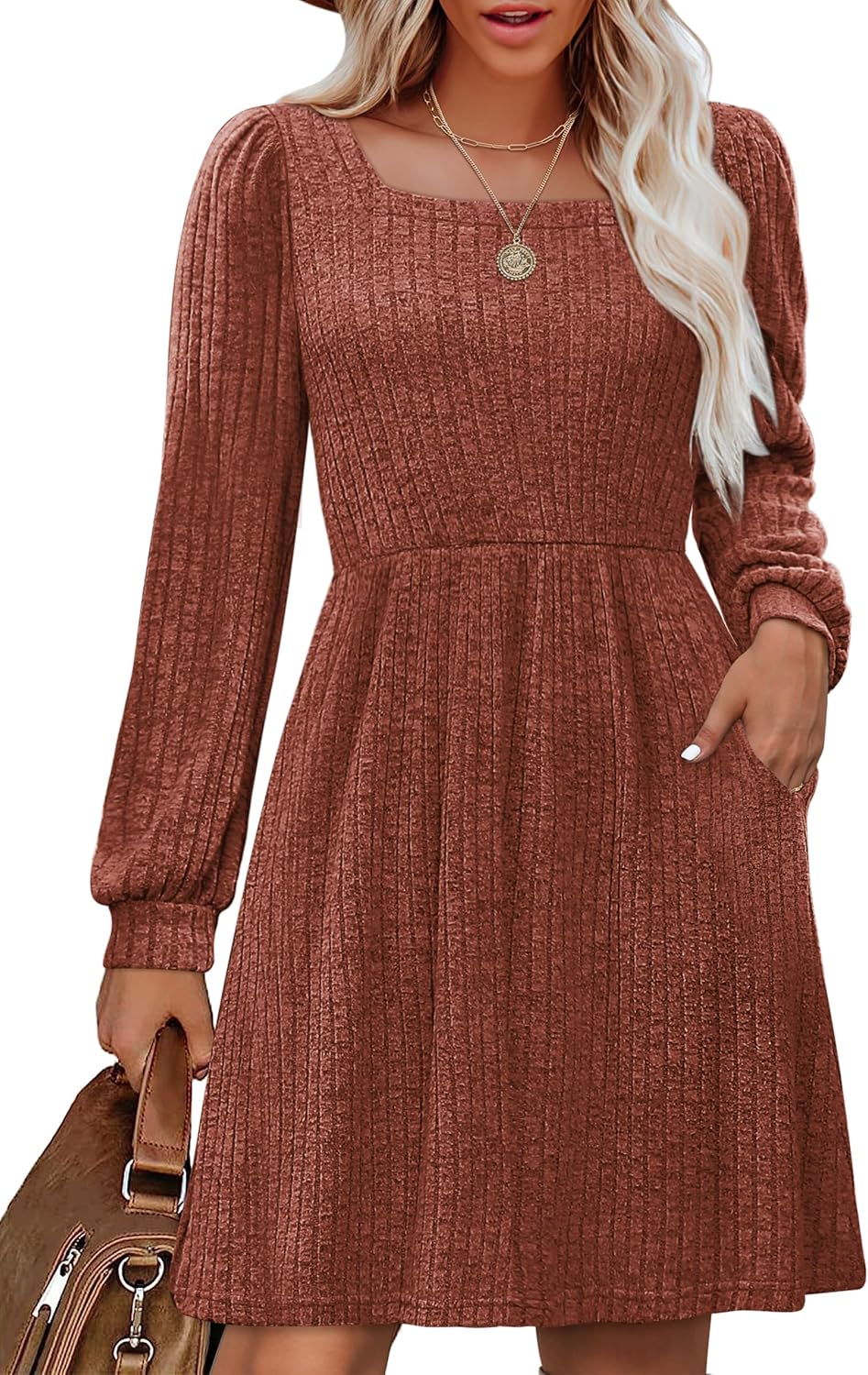 OFEEFAN Womens Knit Sweater Dress with Pockets Squ...