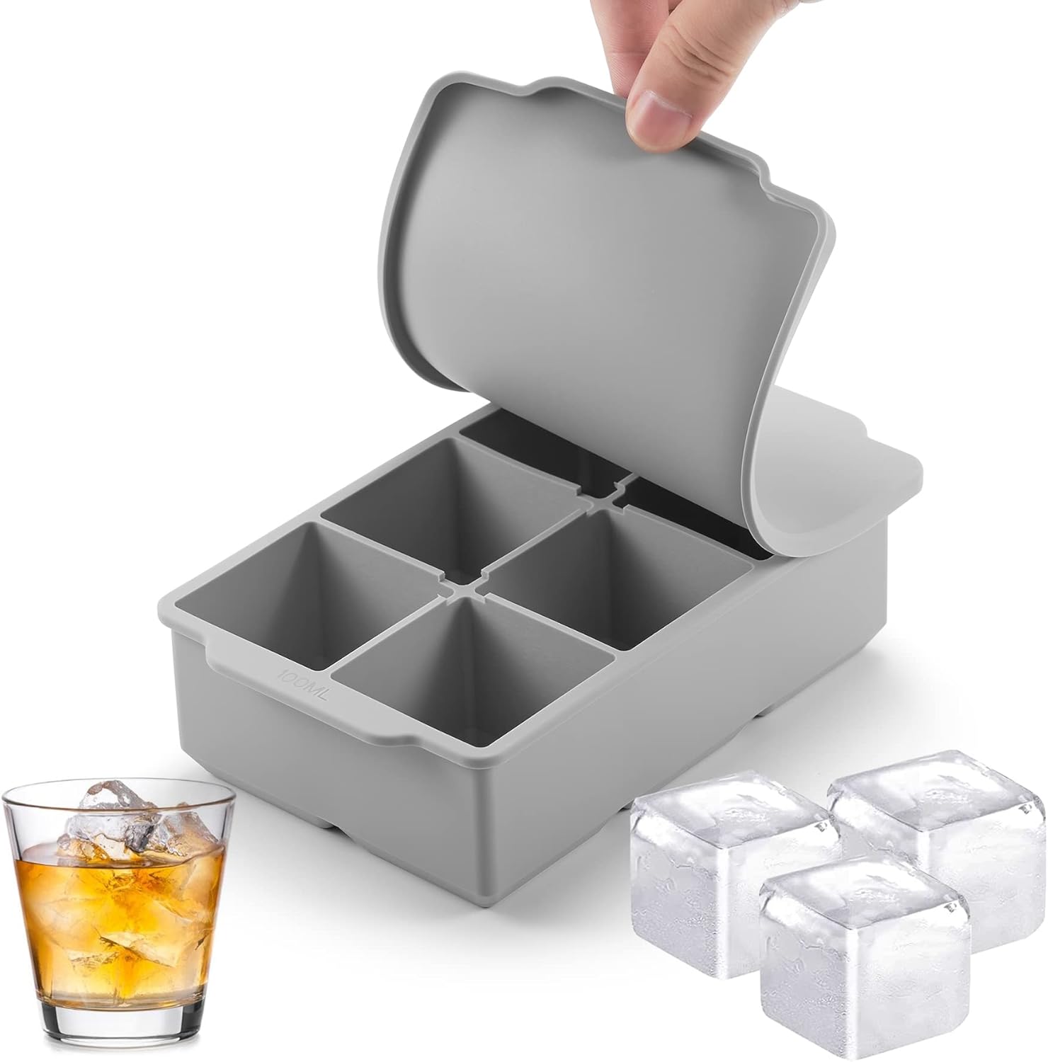 Nax Caki Large Ice Cube Tray with Lid, Stackable Big Silicone Square Ice Cube Mo...