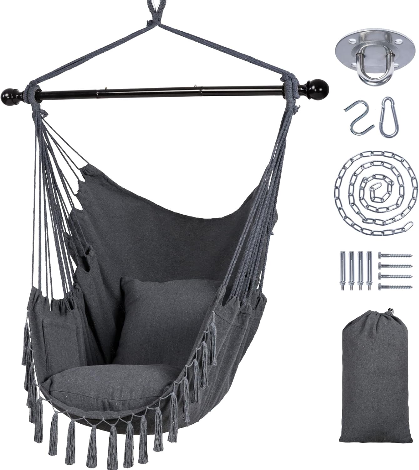 SUNCREAT Hammock Chairs Hammock Chair Swing with Steel Support Bar, Side Pocket,...