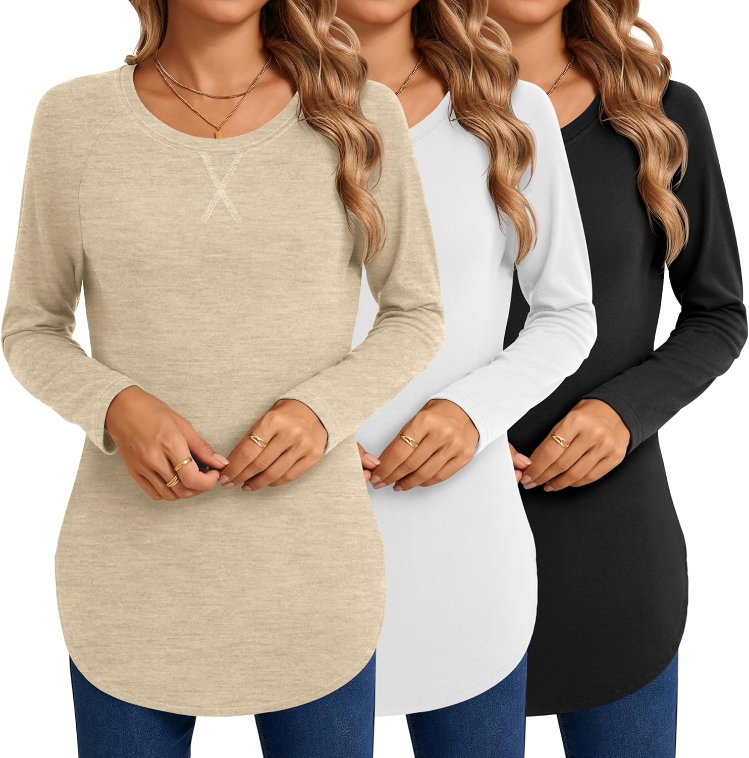 Ficerd 3 Pack Women's Long Sleeve Shirts, Loose Fit Tshirts Casual Sweatshirts C...
