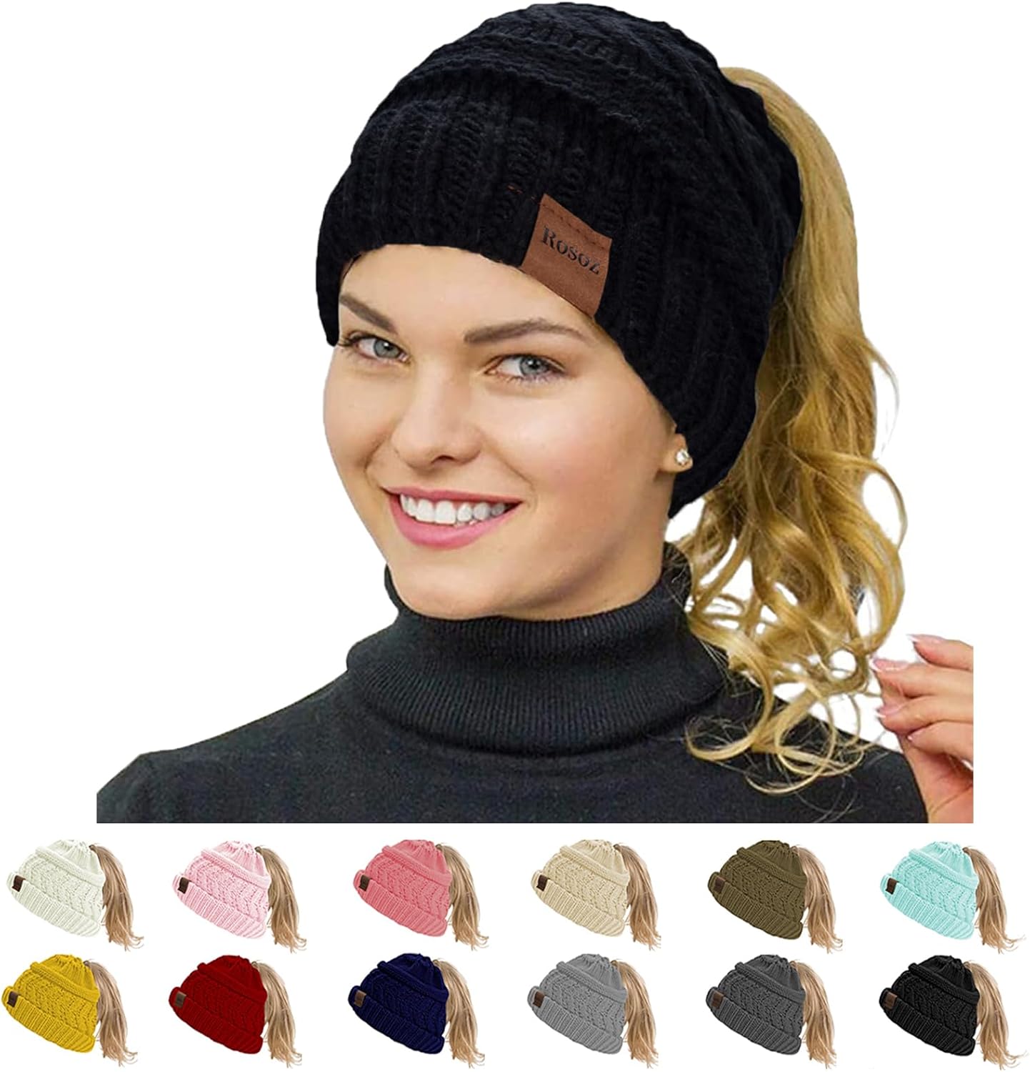 Rosoz 1&2 Packs Ponytail Beanie for Women,Winter Warm Beanie Tail Soft Stretch C...