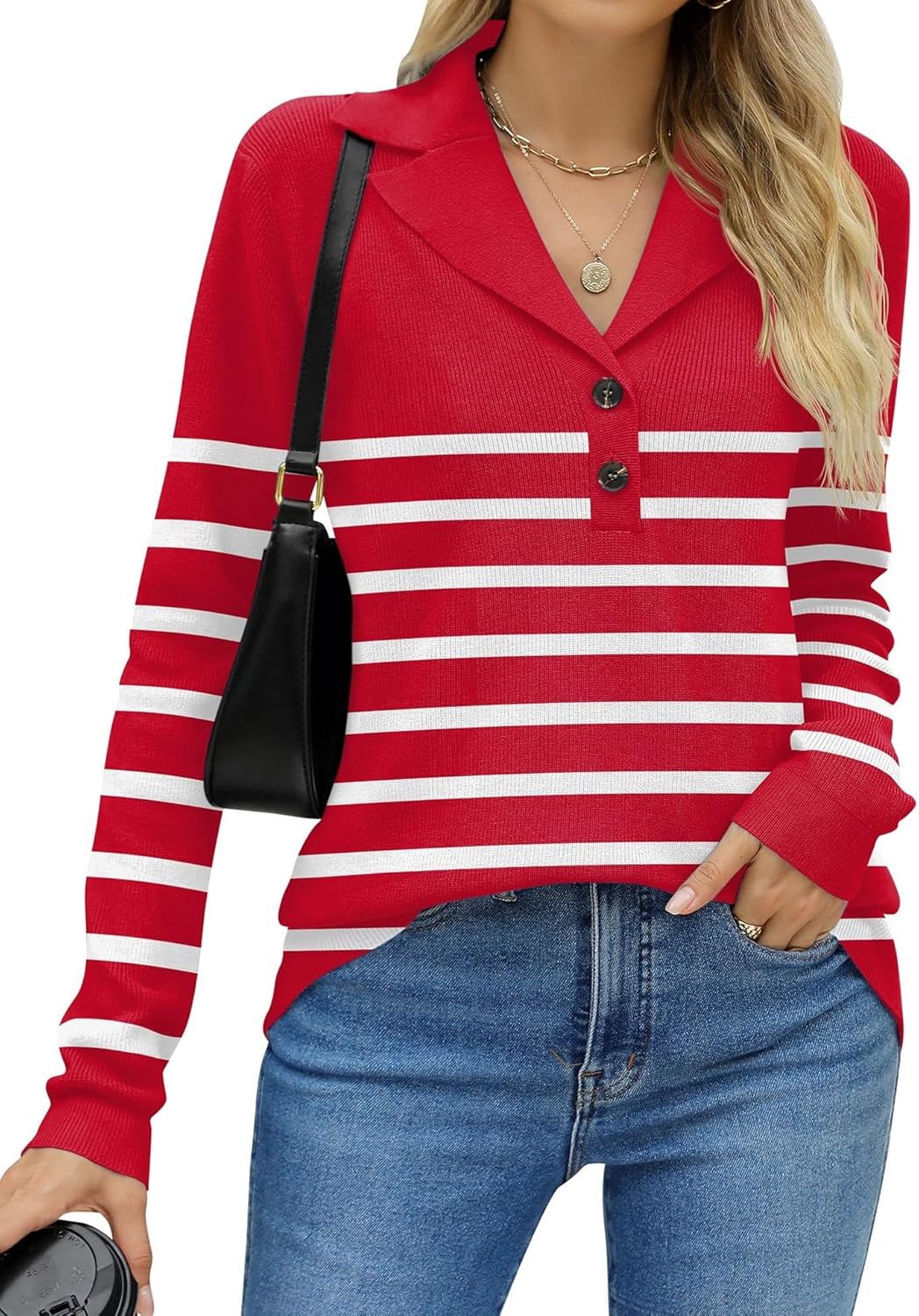 LOMON Womens Fall Sweaters 2024 Knitted V-Neck Collared Business Button Pullover...