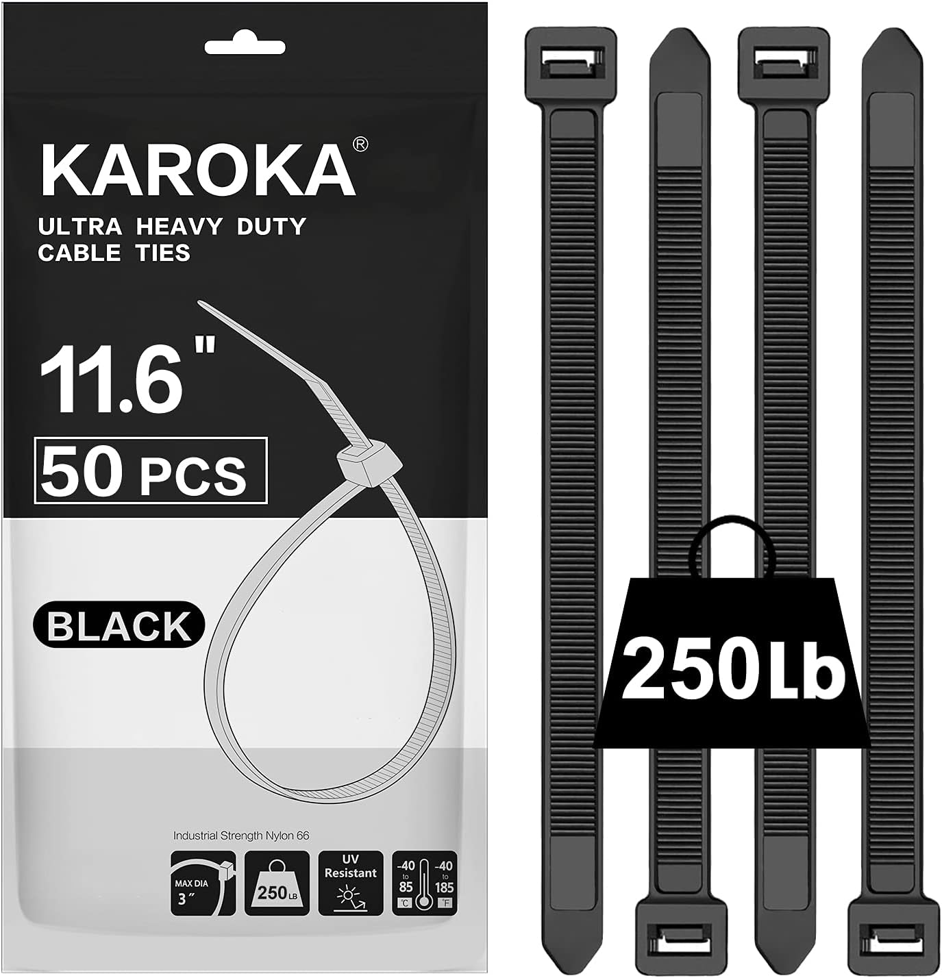 Industrial Zip Ties Heavy Duty with 250 lbs Tensile Strength, 11.6 inch, Electri...