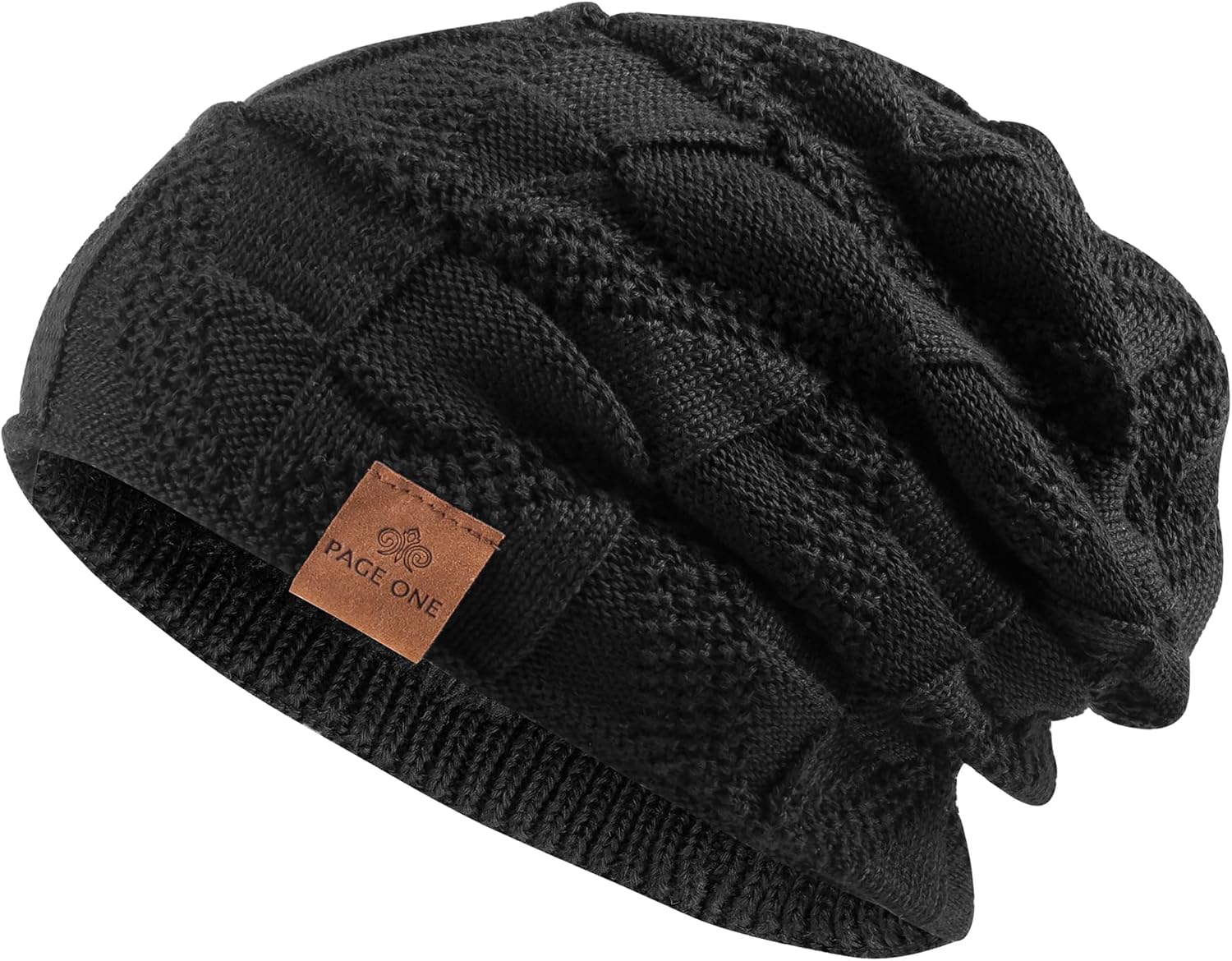 PAGE ONE Mens Winter Slouchy Beanie Warm Fleece Lined Skull Cap Baggy Cable Knit...