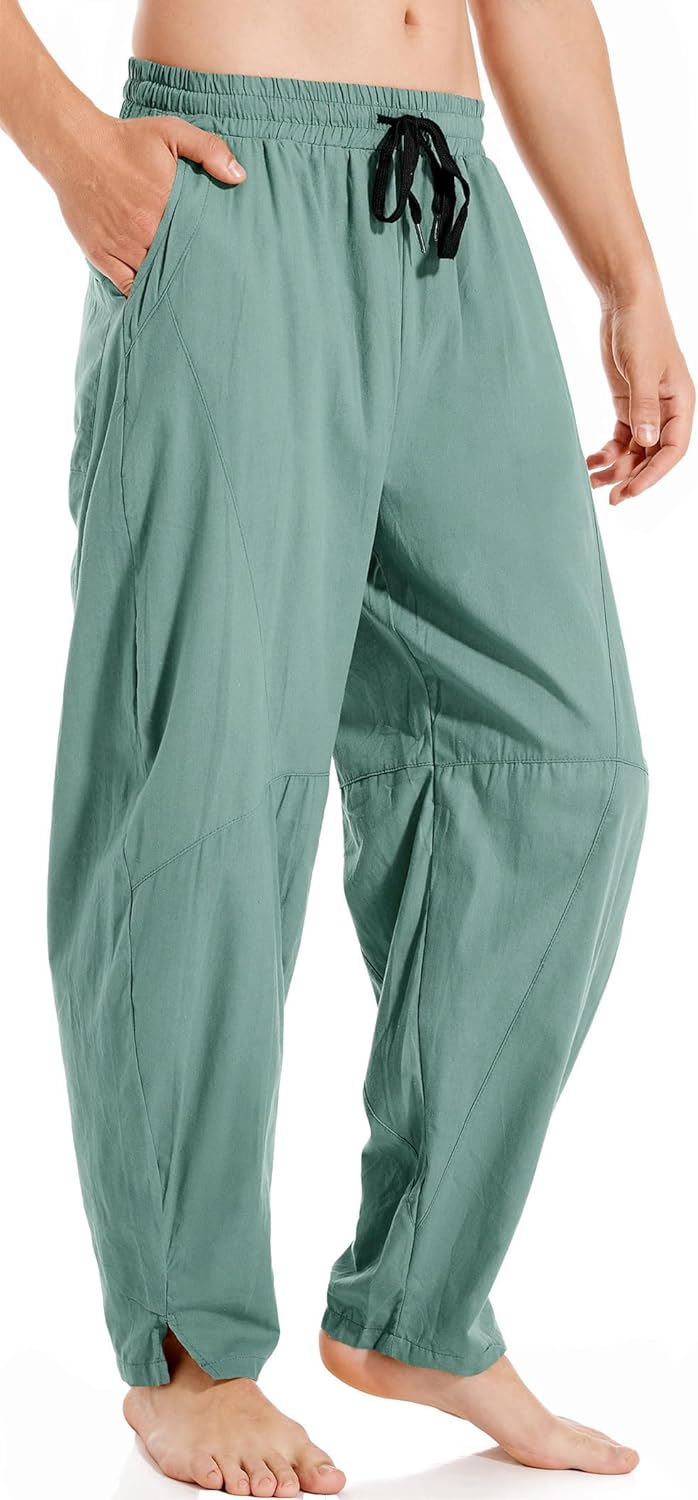 AITFINEISM Mens Cotton Linen Pants Elastic Drawstring Waist Lightweight Summer B...