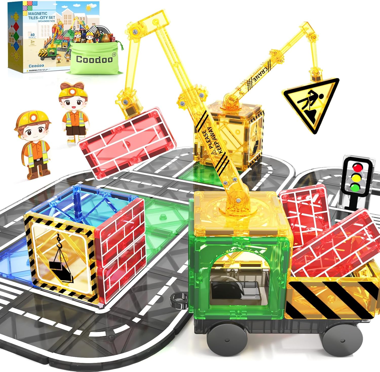 Kids Games Magnetic Tiles Road Set with Extendable Magnetic Crane, City Construc...