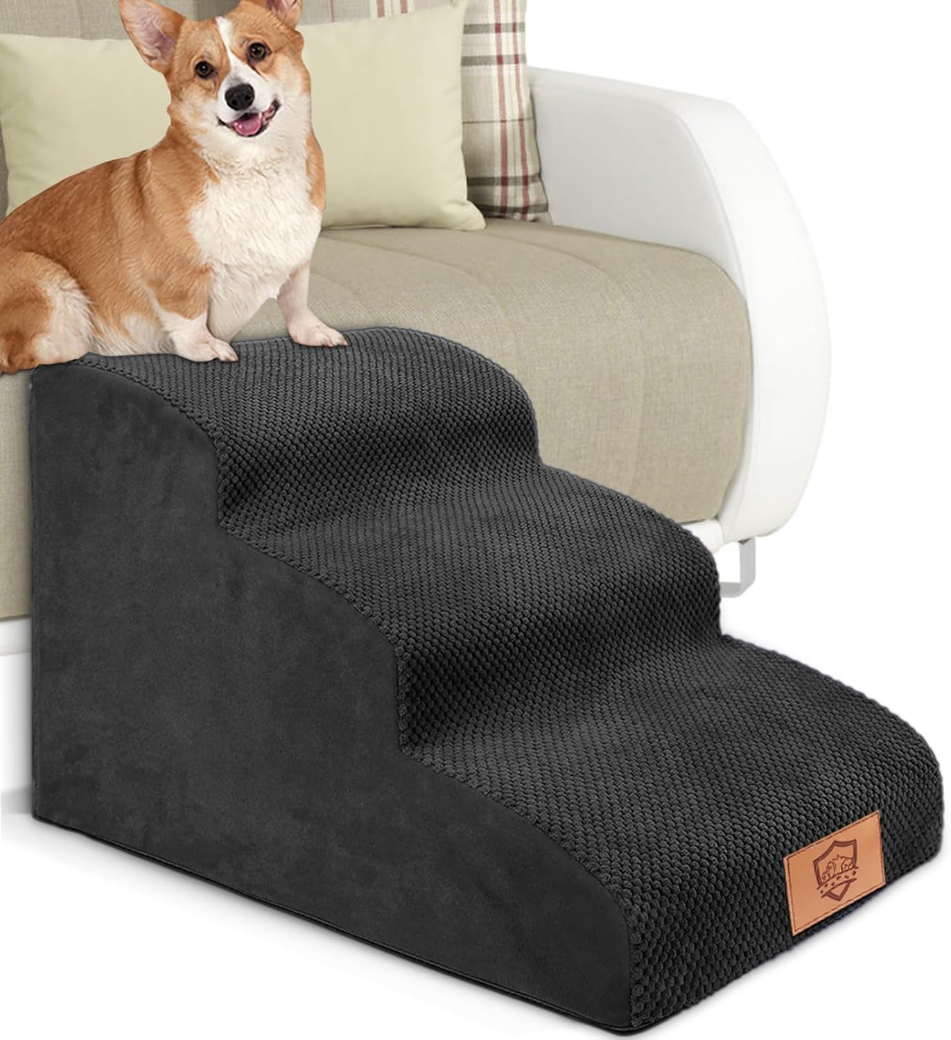 MASTERTOP Dog Steps for Bed, 3-Steps High Density Foam Dog Stairs for Small Inju...