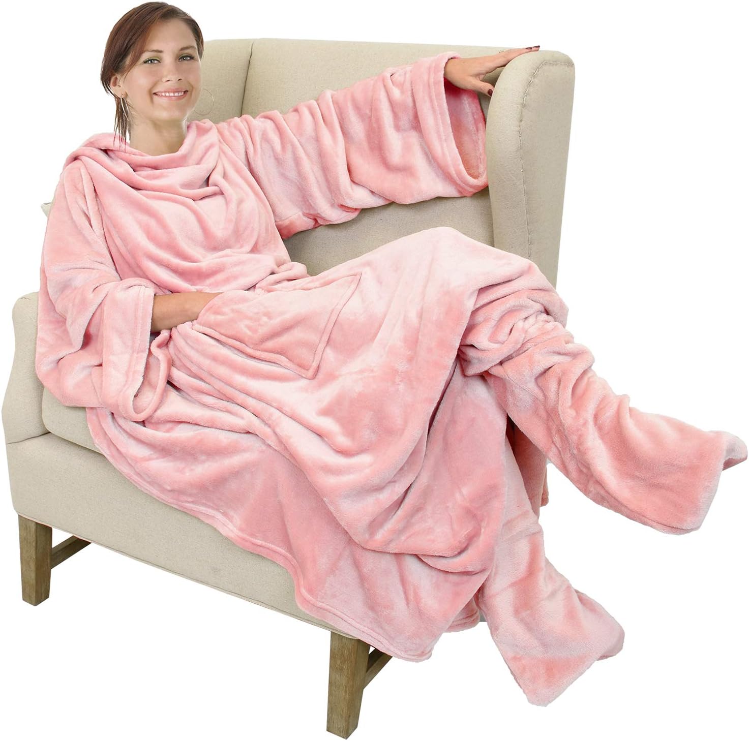 Catalonia Pink Wearable Fleece Blanket with Sleeves and Foot Pockets for Adult W...