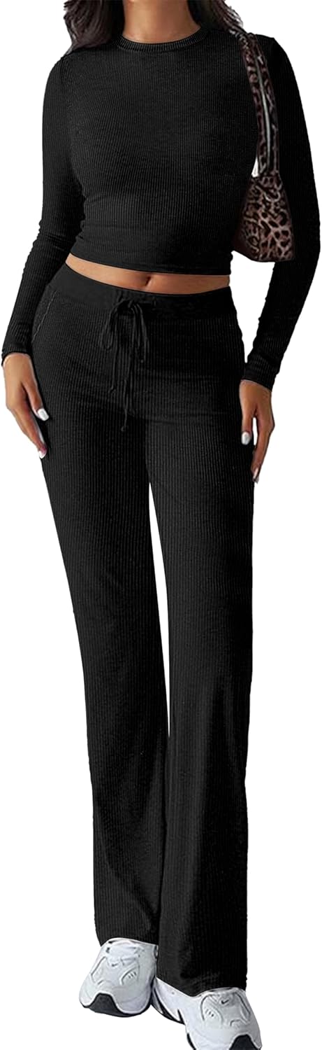 OLCHEE Womens Lounge Set 2 Piece Outfit Long Sleeve Ruched T-Shirt Top Wide Leg...