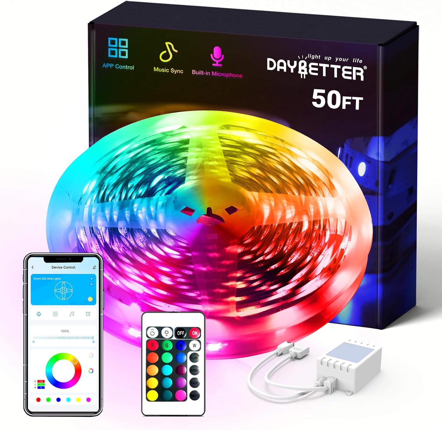 DAYBETTER Smart RGB Led Strip Lights, 50ft Led Lights for Bedroom with App Contr...