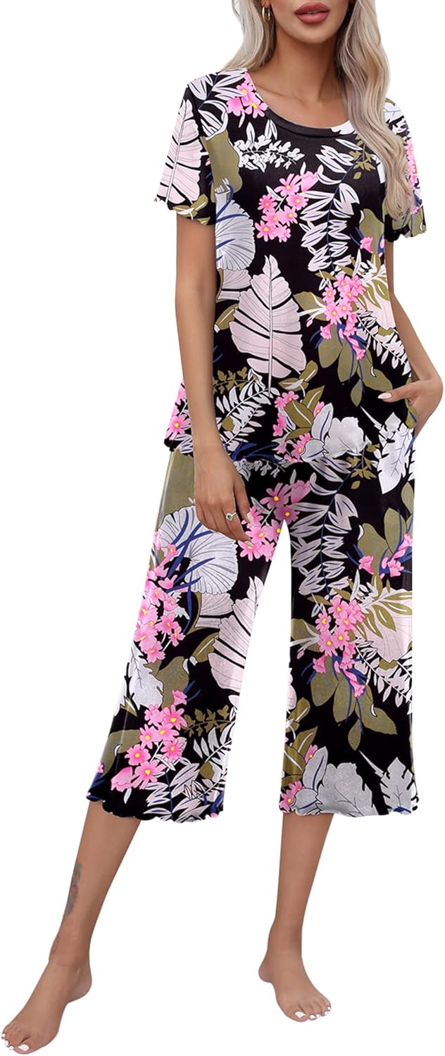 Ekouaer Women's Pajamas Set Short Sleeve Top With Capri Pants Pjs Lounge & Sleep...