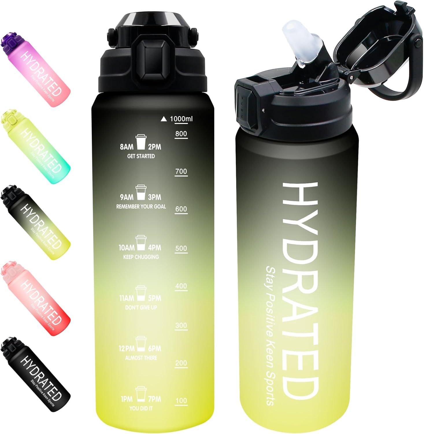 1L Water Bottle with Straw, Motivational Sports Water Bottle with Time Markings,...