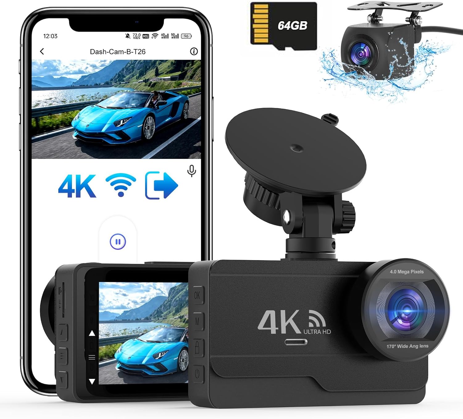 DYNACAM 4K/2K+1080P Dash Cam Front and Rear, WiFi Dashcam Free 64GB Card,170°Wid...