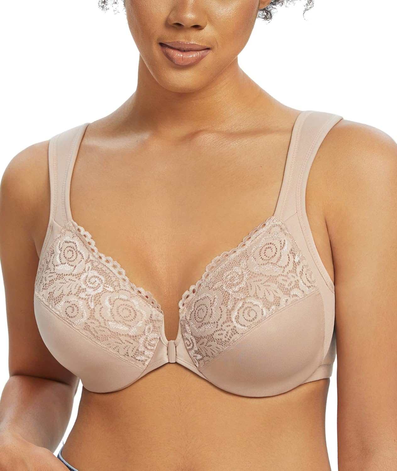 Lemorosy Wide Strap Front Closure Bra Lace Full Figure Underwire 40C Beige Wide...