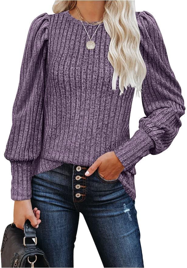MIHOLL Women's Puff Long Sleeve Shirts Casual Knit Blouses Crew Neck Elegant Tun...