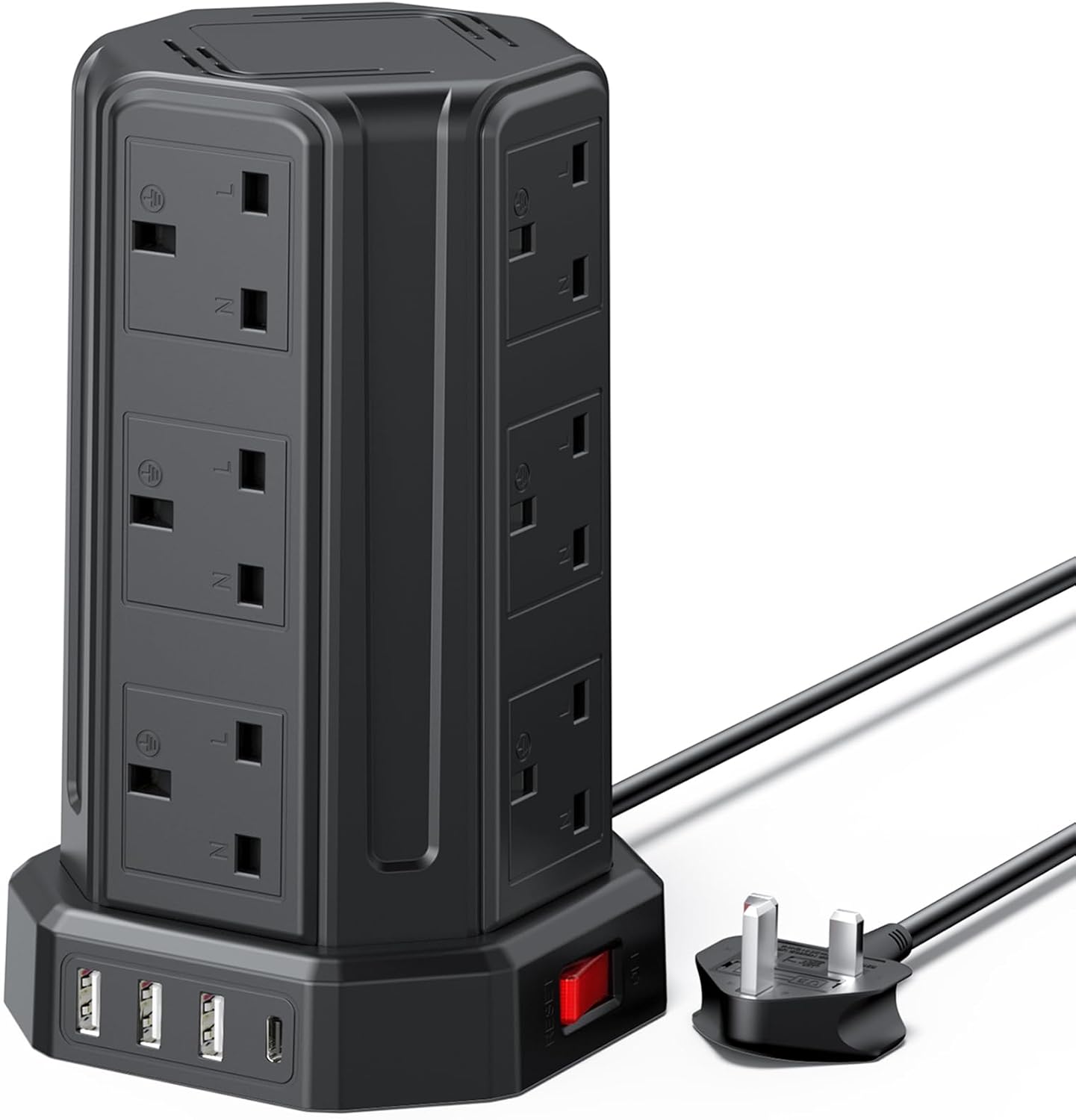 AODENG Tower Extension Lead with USB Slots 2M, 12 Way Outlets Multi Plug Extensi...
