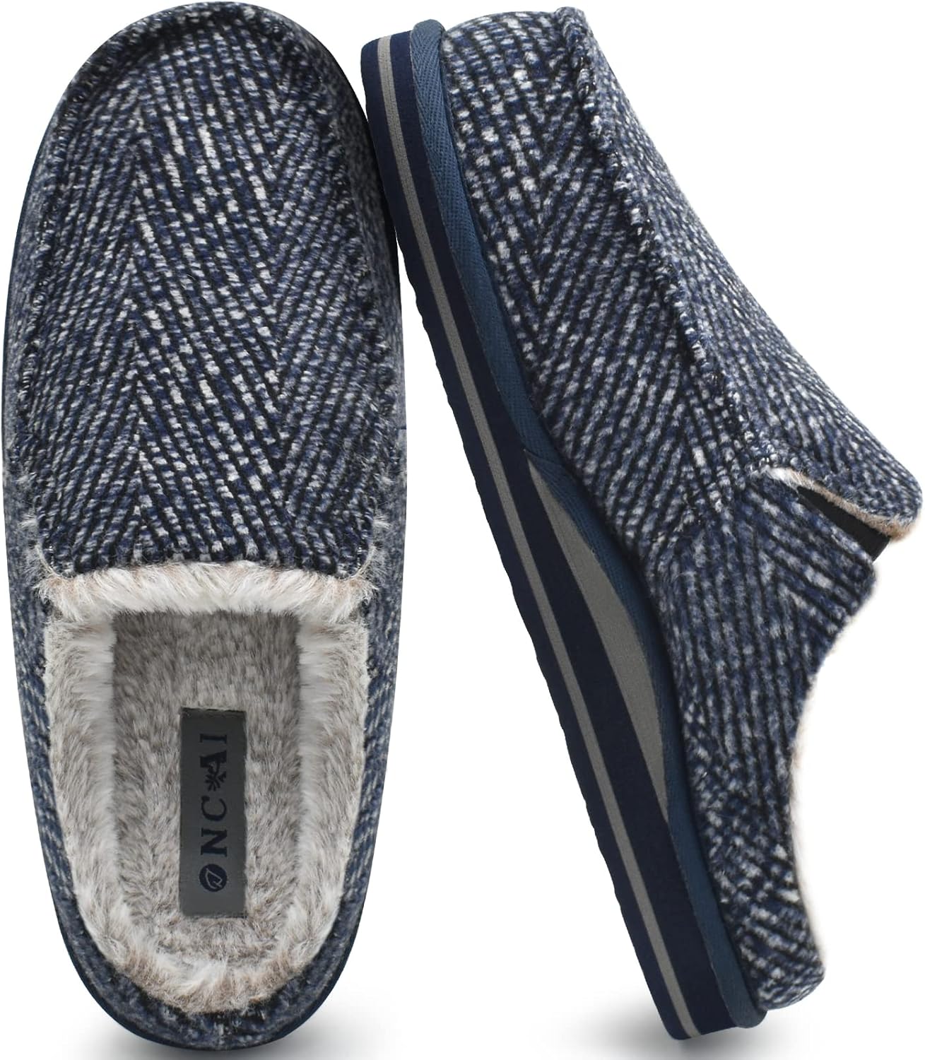 ONCAI Mens Clog Slippers with Arch Support Stripe Faux Fur Cotton-Blend High-Den...