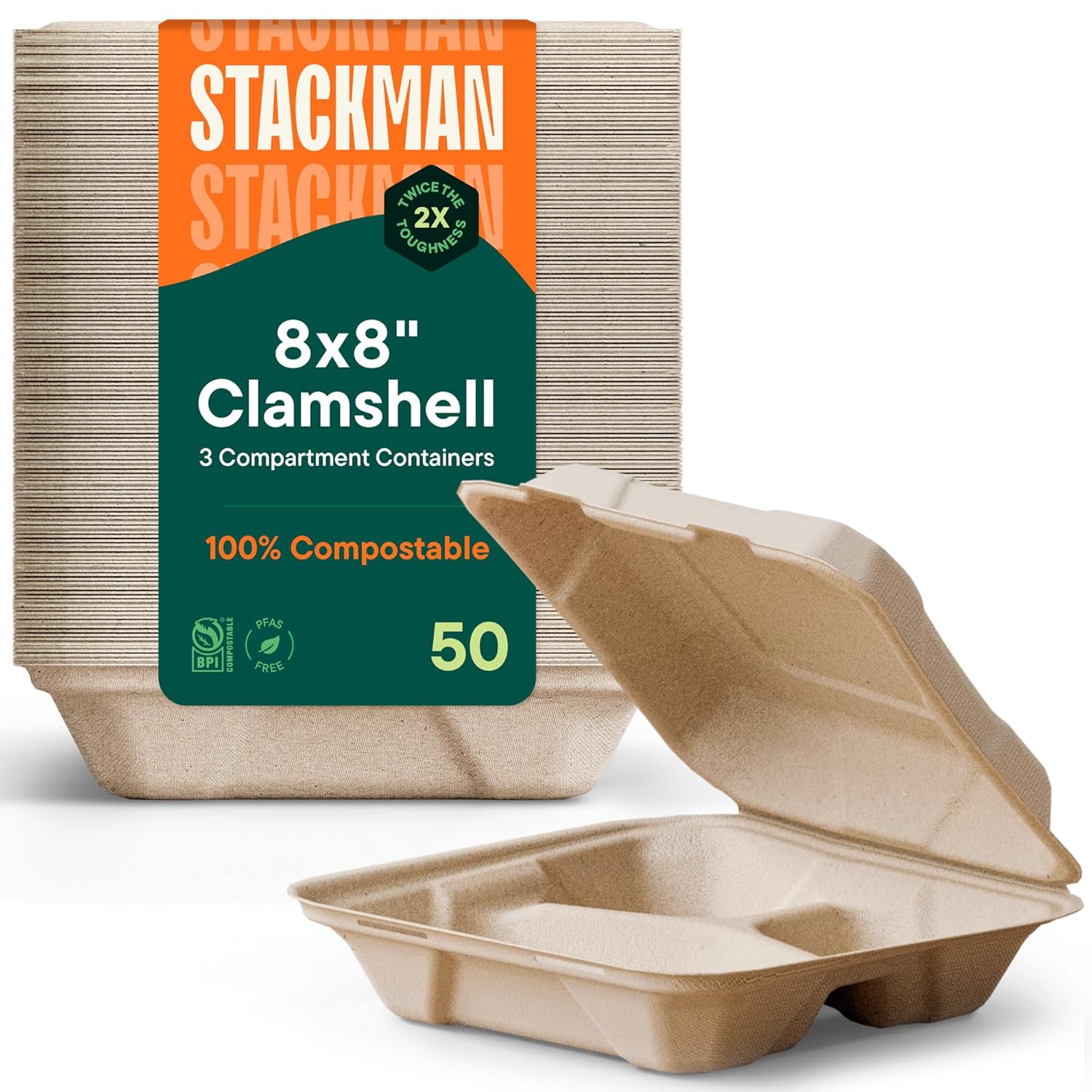 100% Compostable Clamshell Take Out Food Containers [8X8" 3-Compartment 50-Pack]...