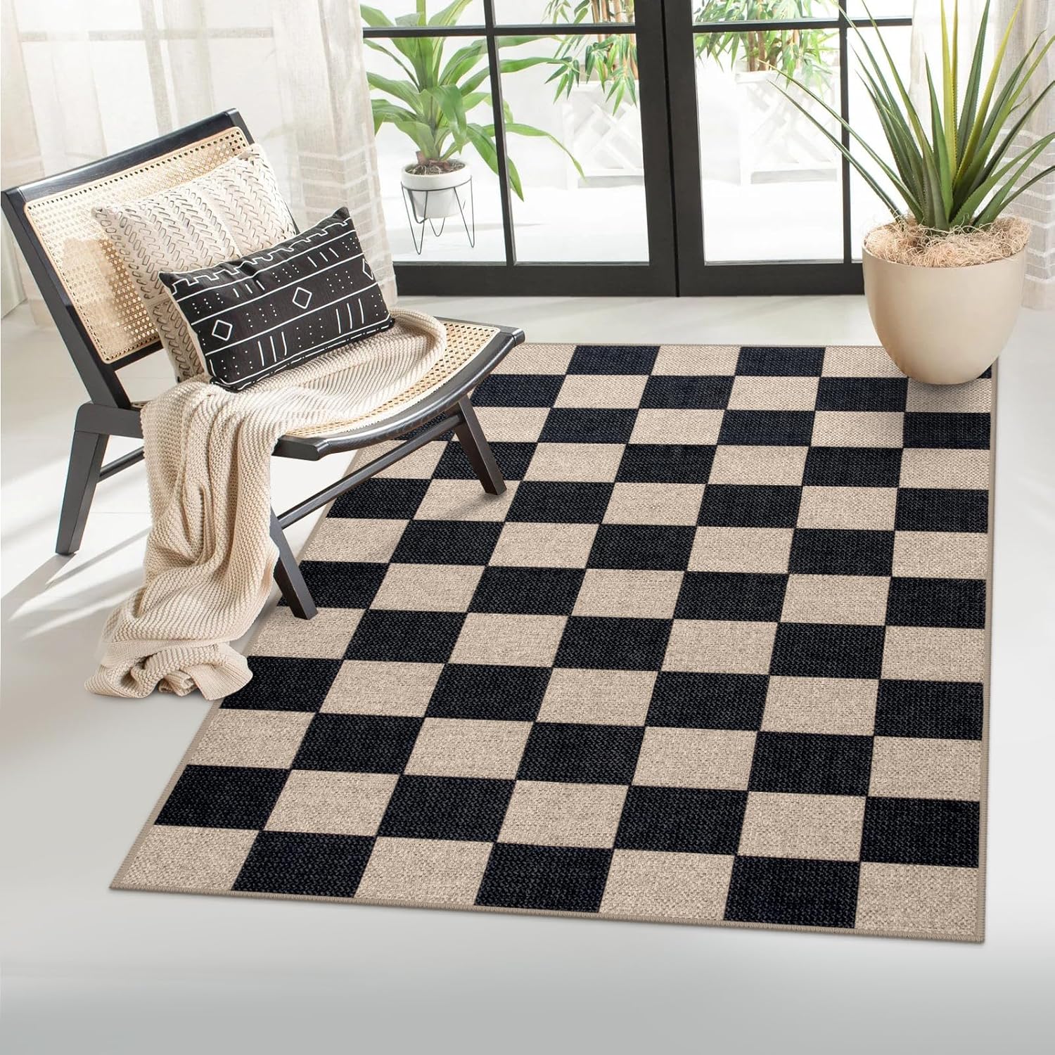 Lahome Checkered Easy Jute Area Rug, 3x5 Outdoor Patio Rug Washable Rugs for Ent...