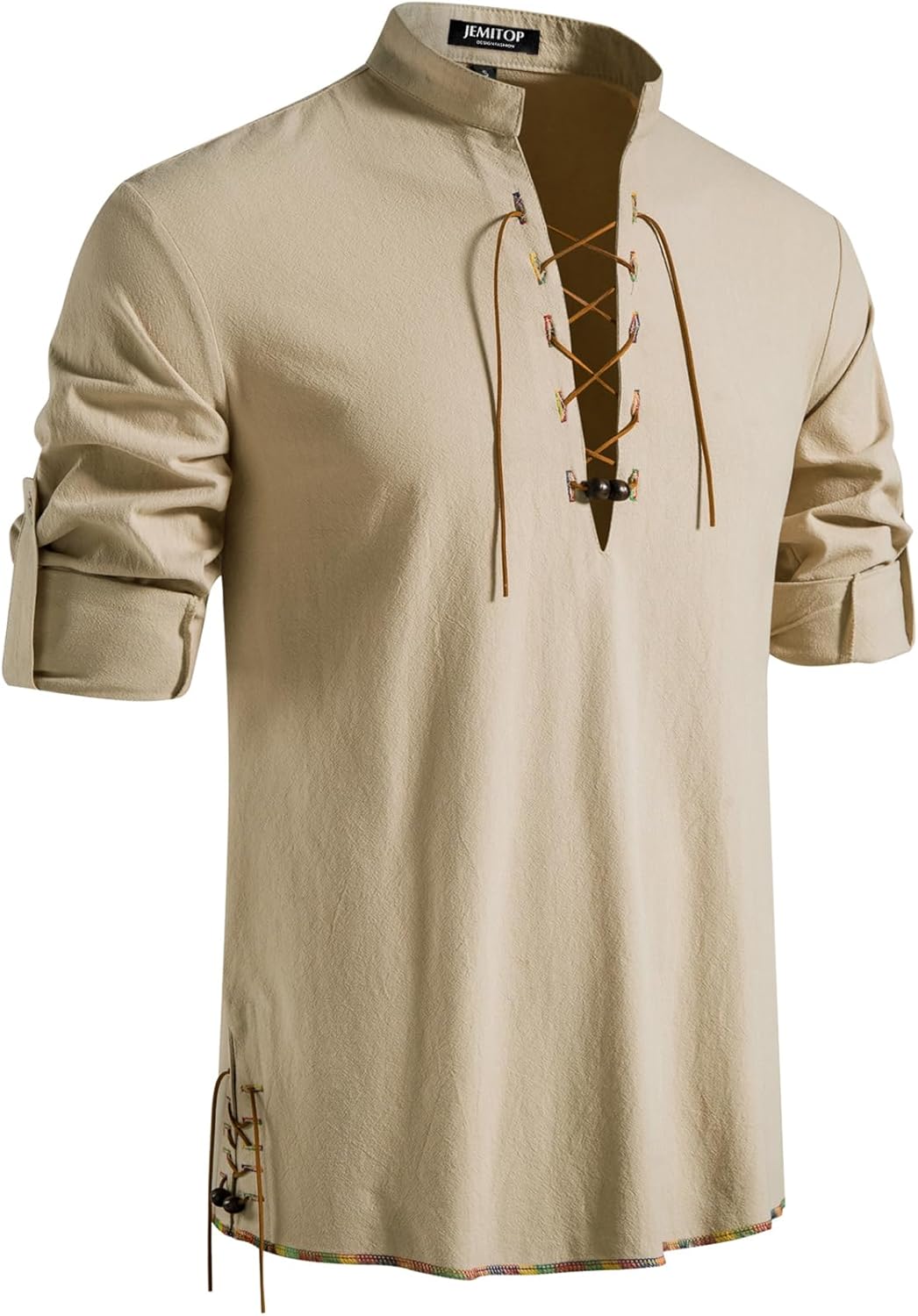 Men's Pure Cotton Retro Lace Up Shirts for Renaissance Pirate Viking Medieval Kh...