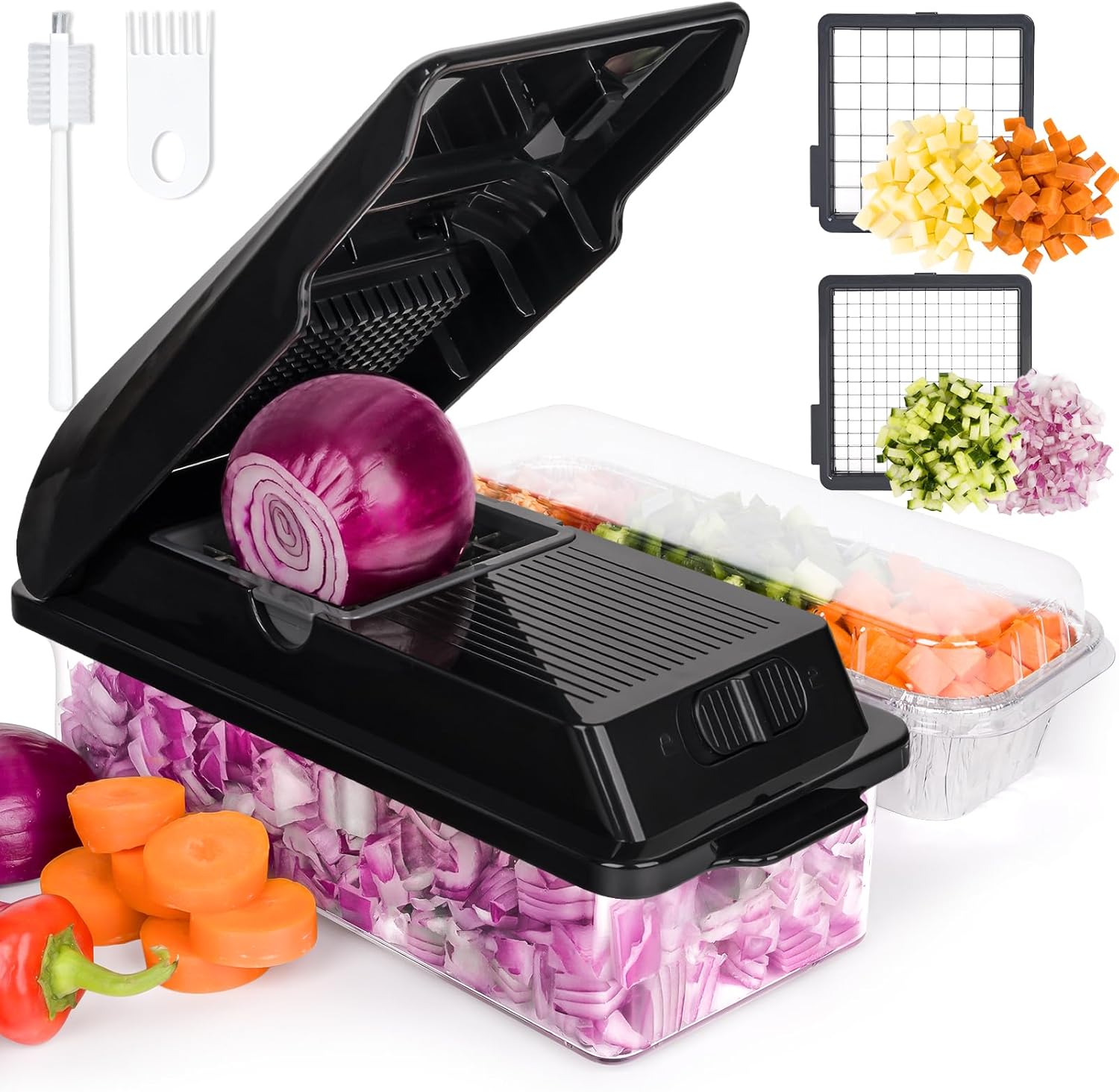 X Home Vegetable Chopper, Includes 3 Aluminum Foil Pans for Food Storage, Veggie...