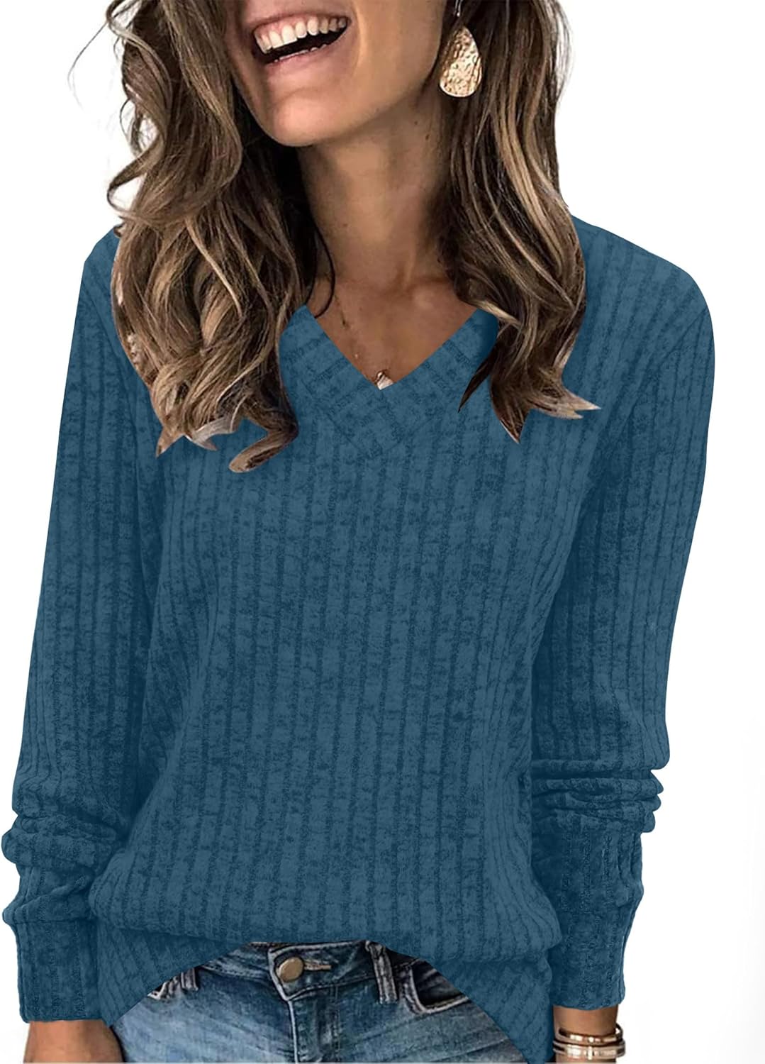 SAMPEEL V Neck Long Sleeve Shirts for Women Casual Fall Tops Lightweight Tunic S...