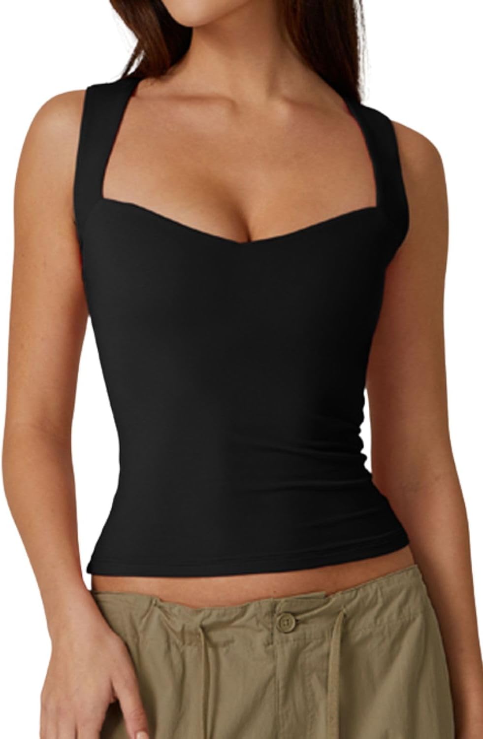 QINSEN Women's Sexy Sweetheart Neck Sleeveless T Shirts Double Lined Tees Slimmi...