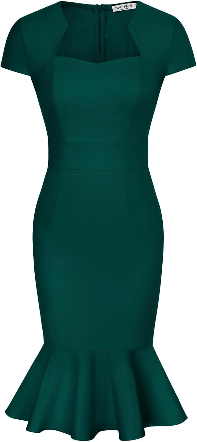 GRACE KARIN Womens Elegant Cap Sleeve Fishtail Midi Tweed Bodycon Dress Medium Dark Green-fishtail - Testmarket Special Deals GRACE KARIN Womens Elegant Cap Sleeve Fishtail Midi Tweed Bodycon Dress Medium Dark Green-fishtail - Testmarket Special Deals