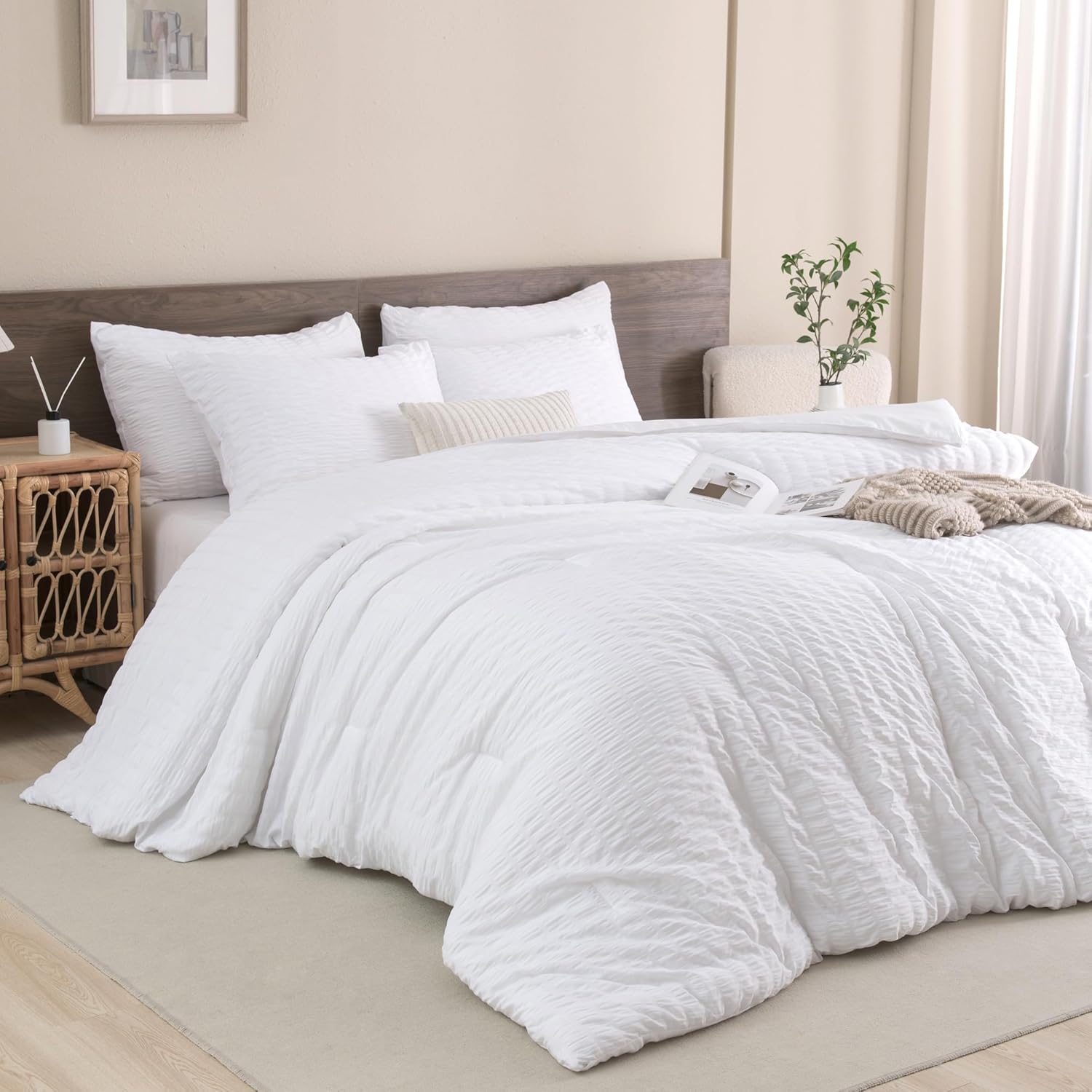 Andency White Comforter Queen Size, 3 Pieces Bedding Comforter Sets (1 Seersucke...