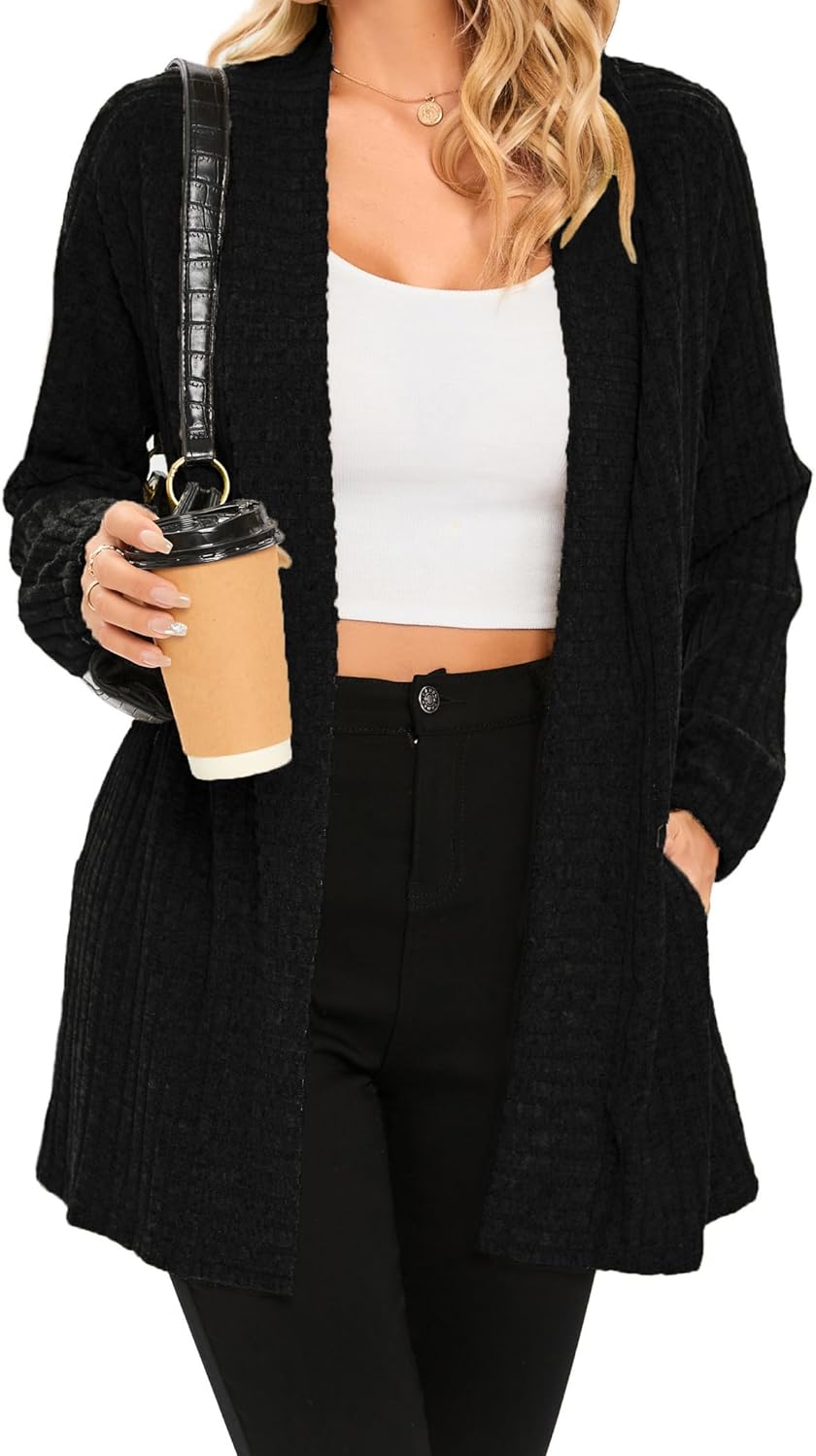 iChunhua Women's Casual Oversized Raglan Sleeve Ribbed Lightweight Long Open Fro...