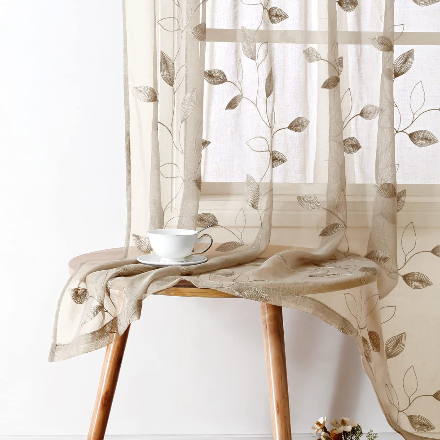 HOMEIDEAS Taupe Sheer Curtains 52 X 63 Inches Length 2 Panels Beige Embroidered...